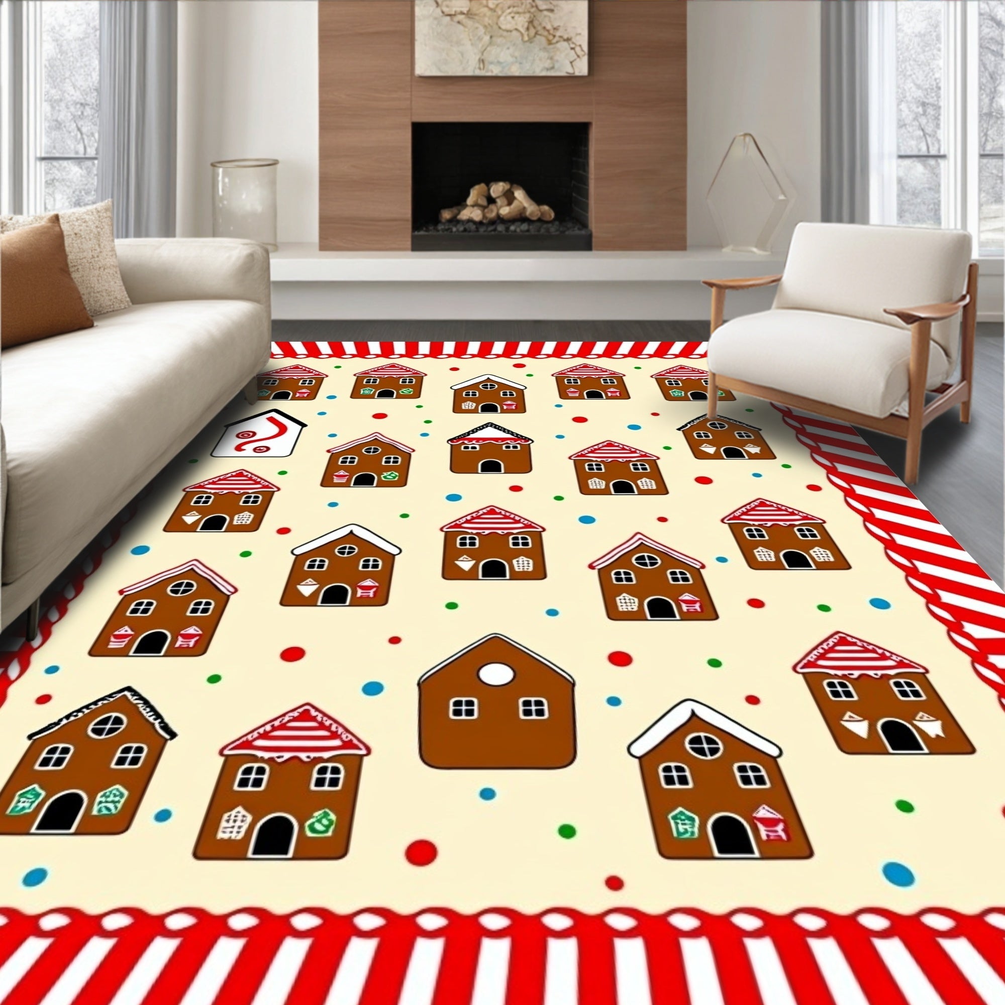 Festive Gingerbread Houses Scattered Dots Rug