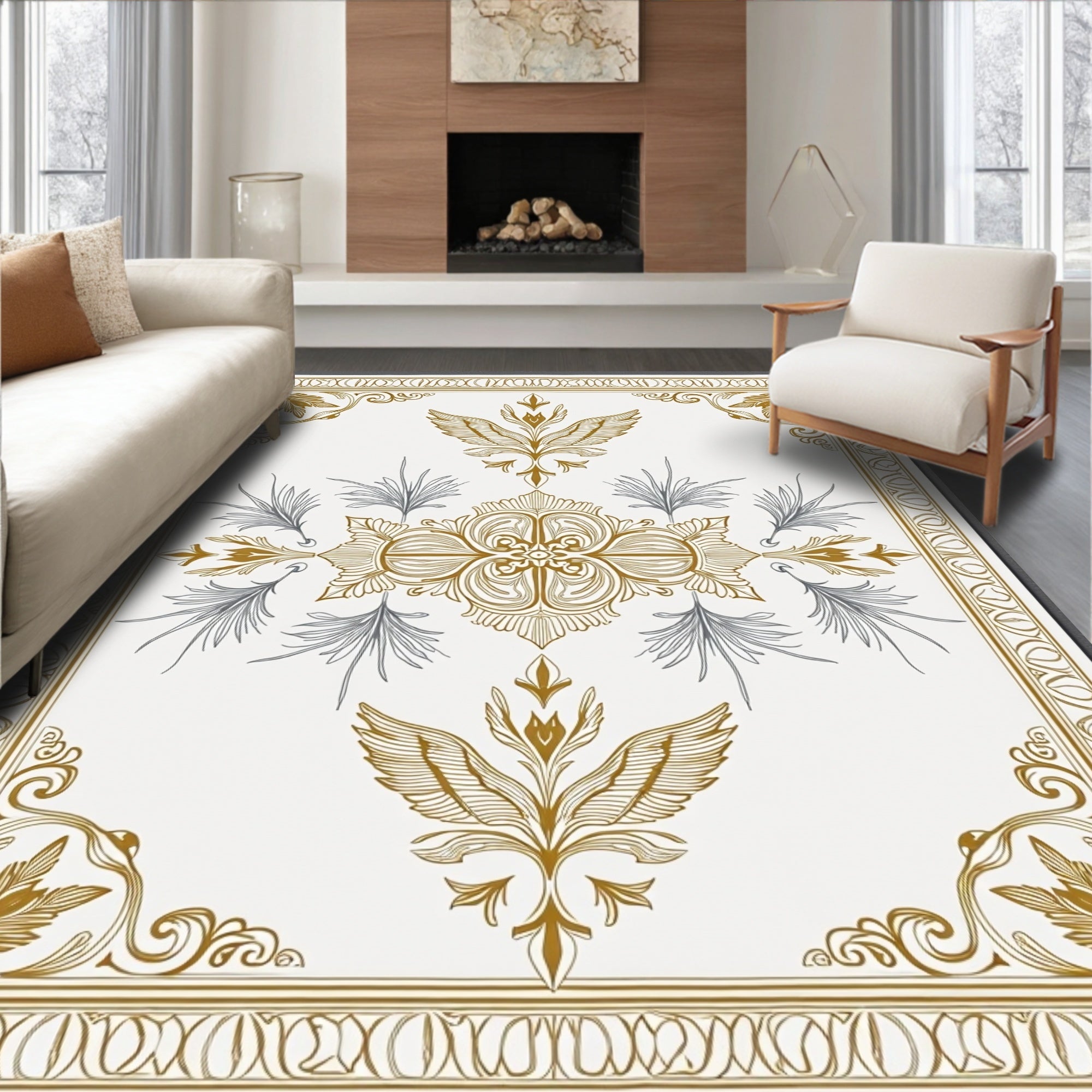 Gold Gray Ornately Winged Bloom Rug