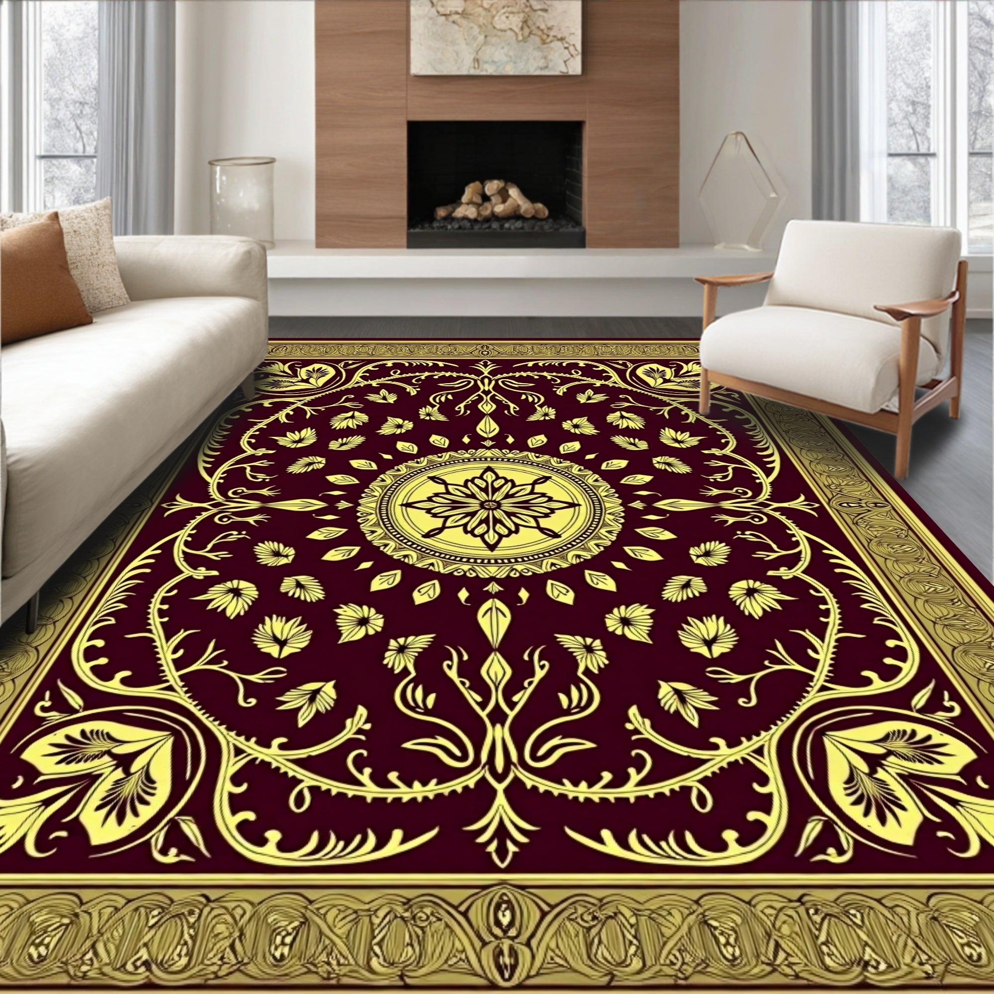Burgundy Yellow Floral Medallion Border Rug