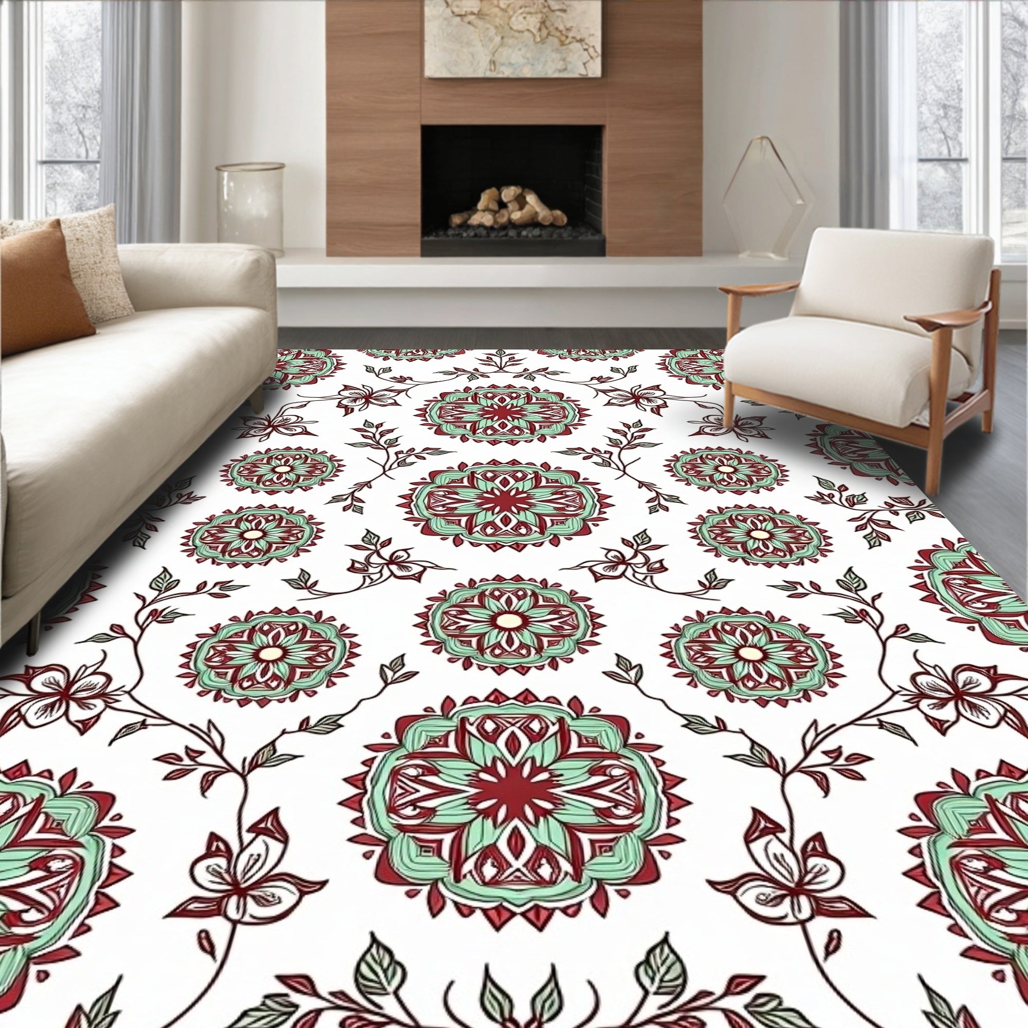 Crimson Mint Mandala Garden Tile Rug