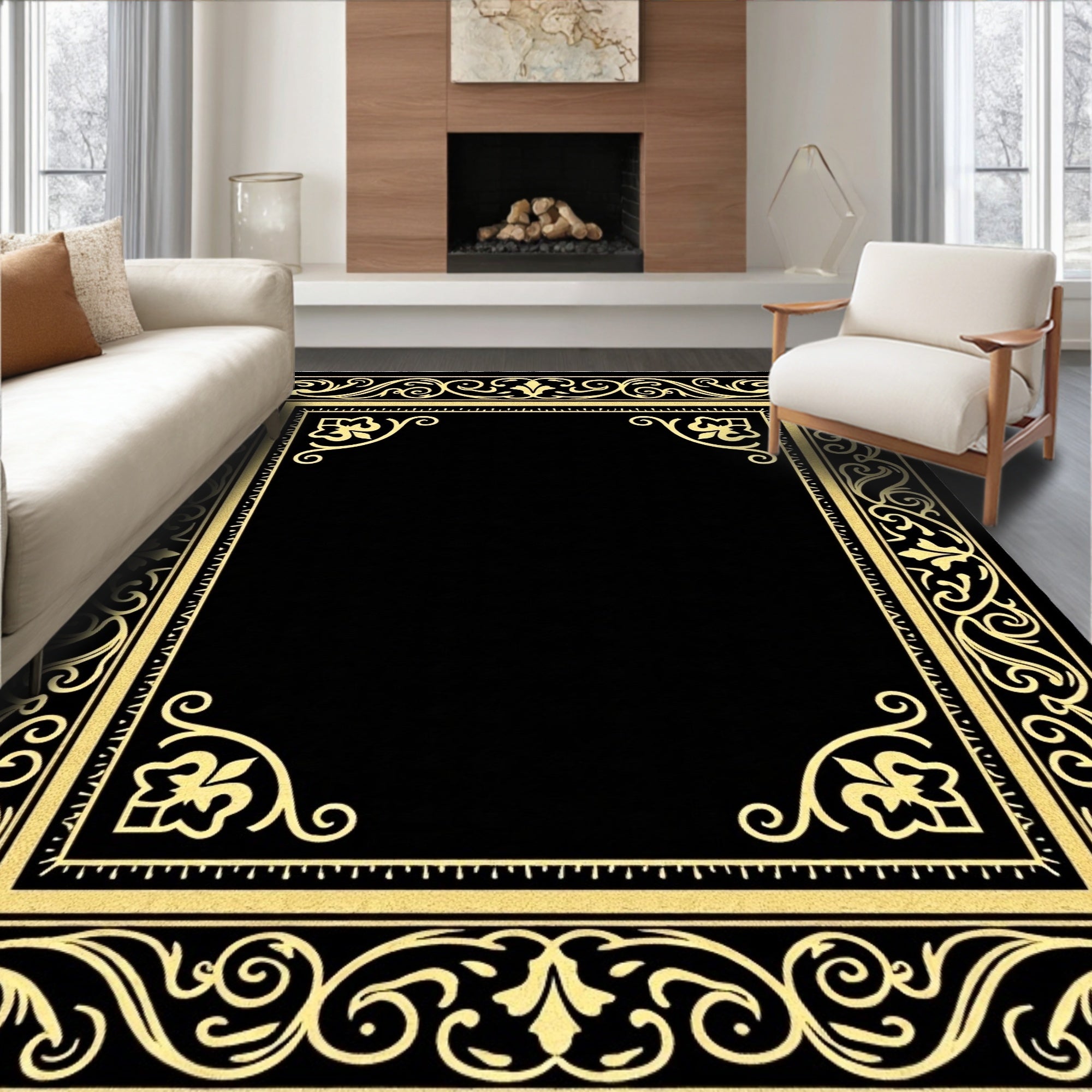 Ornate Gold Black Scrollwork Border Rug