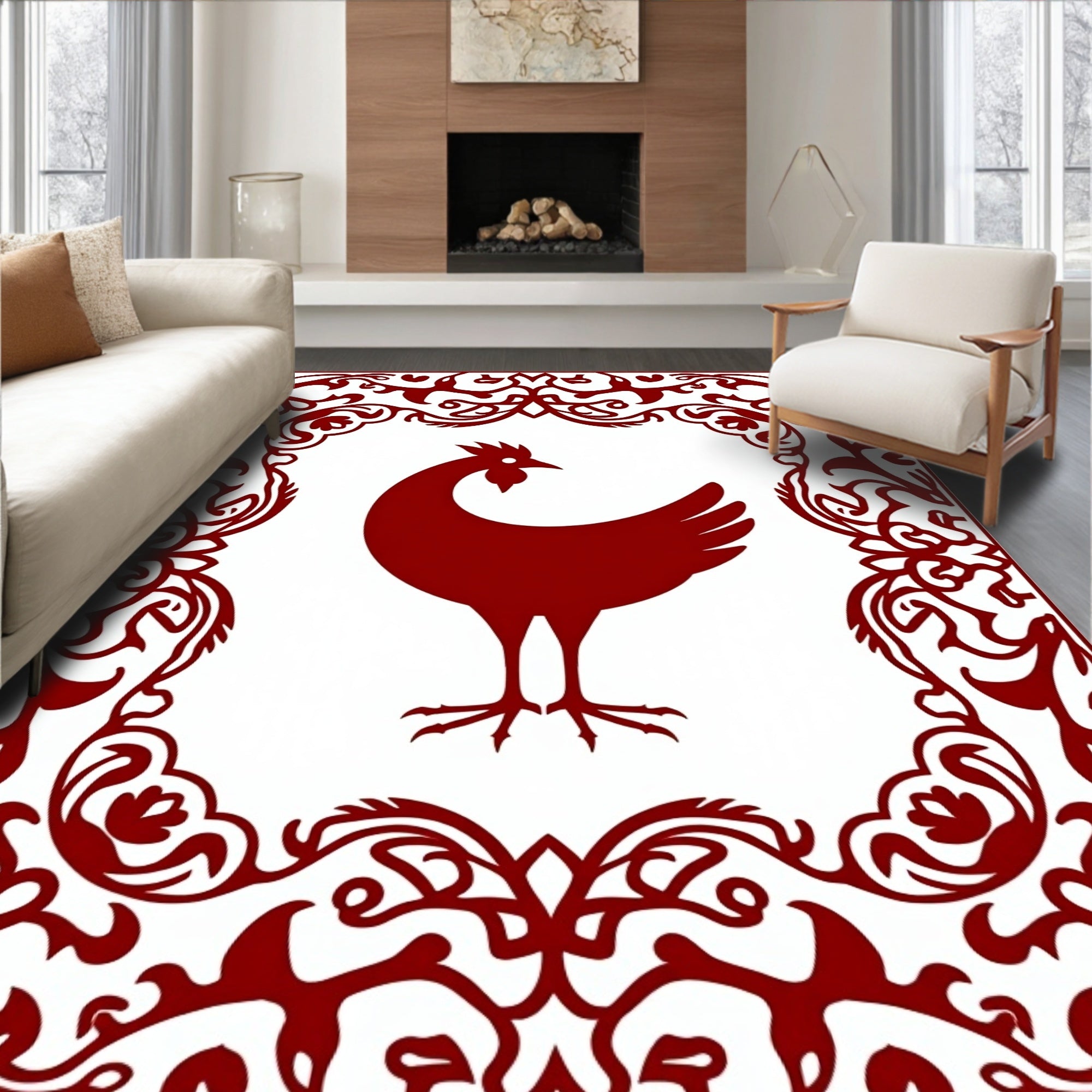 Deep Red Rooster Floral Frame Rug
