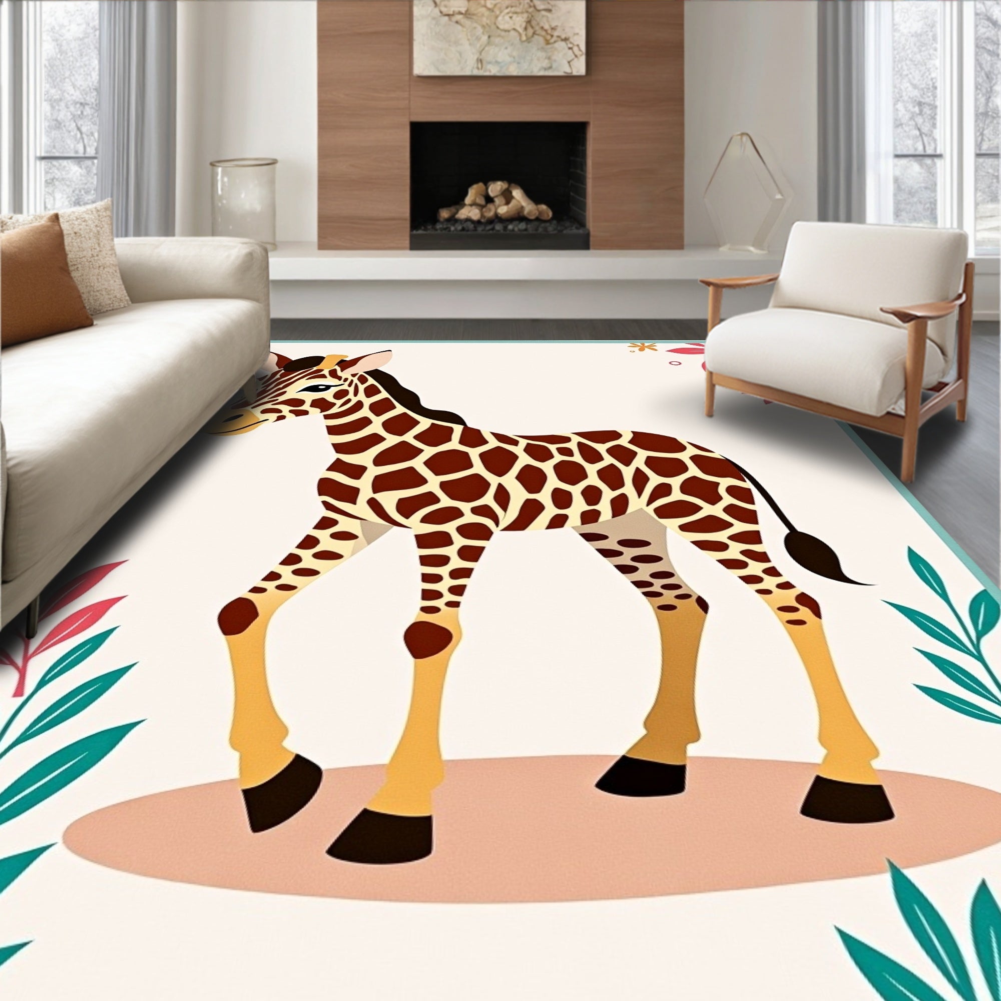 Cute Giraffe Meadow Floral Rug