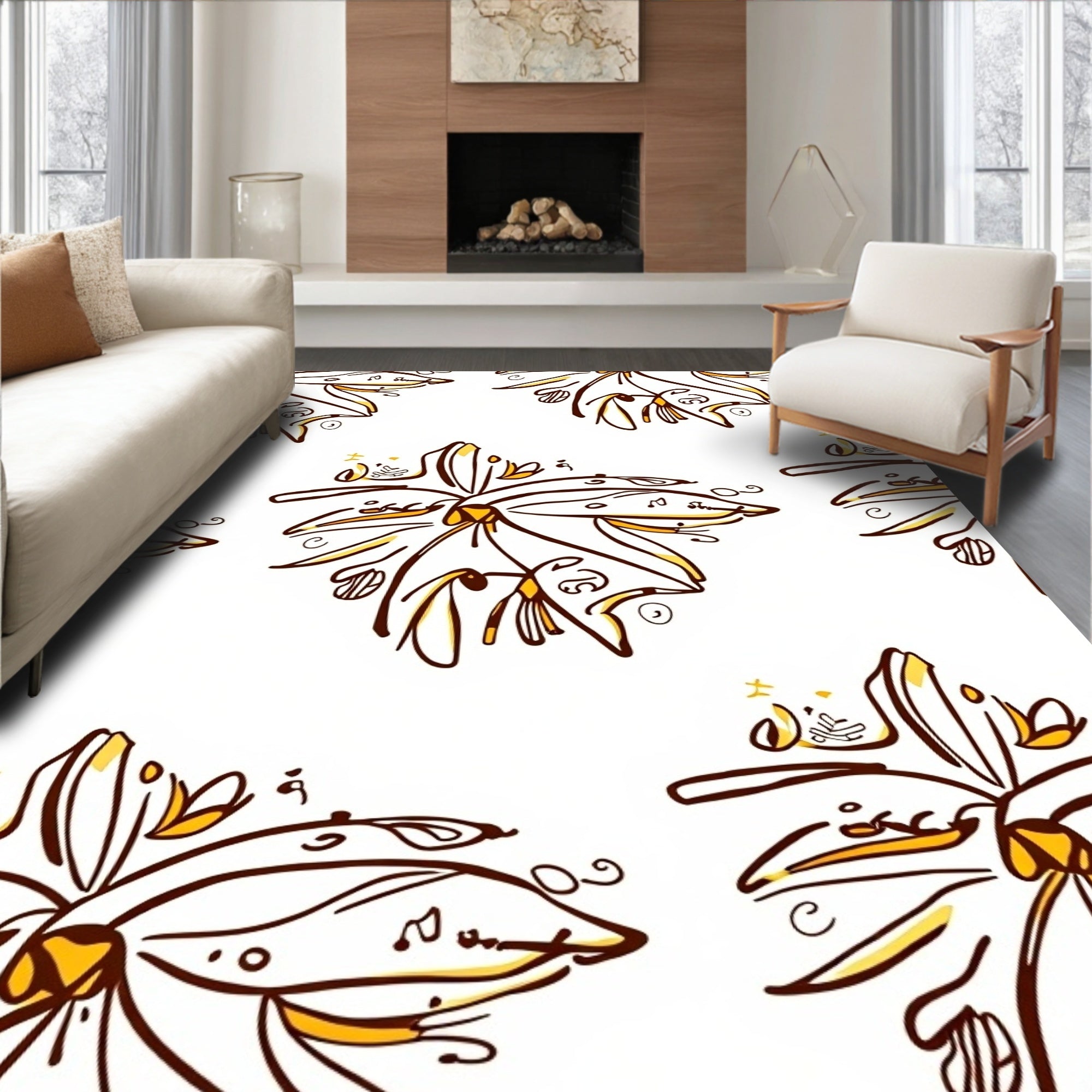 Brown Yellow Sketchy Floral Medallions Rug