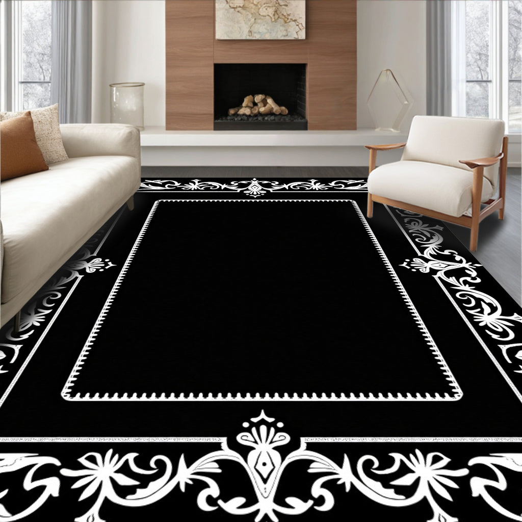 Ornate White Floral Border Rectangular Rug
