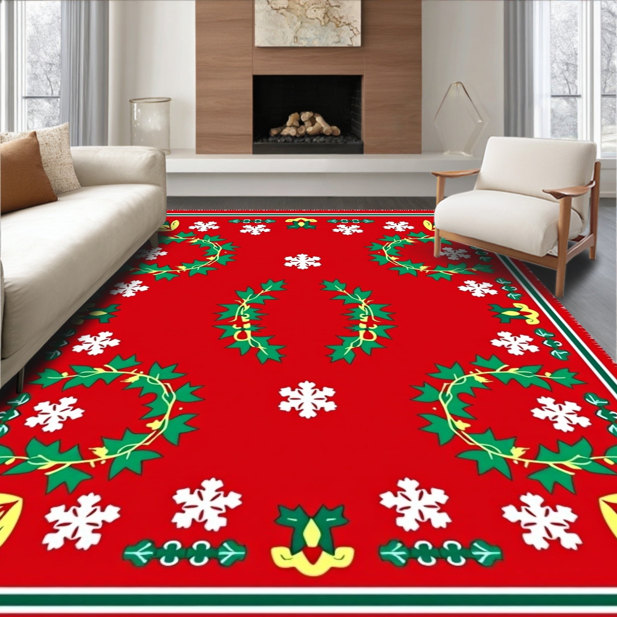 Vintage Red Holly Snowflake Wreath Rug