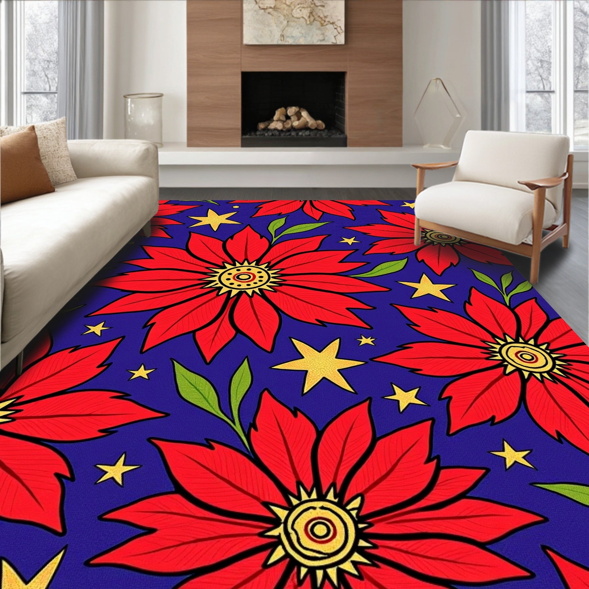 Bold Red Poinsettia Starry Night Rug