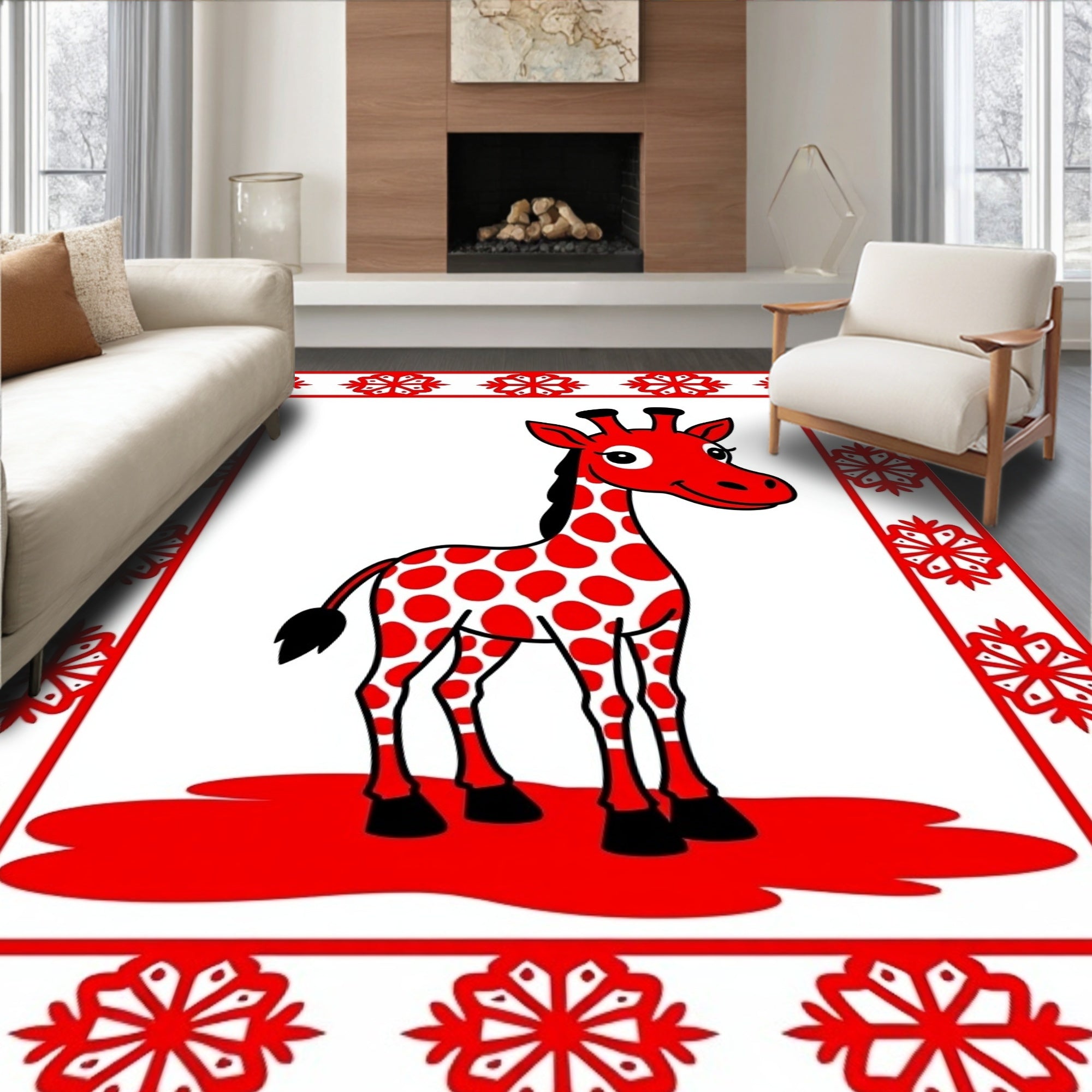Red Giraffe Snowflake Border Rug