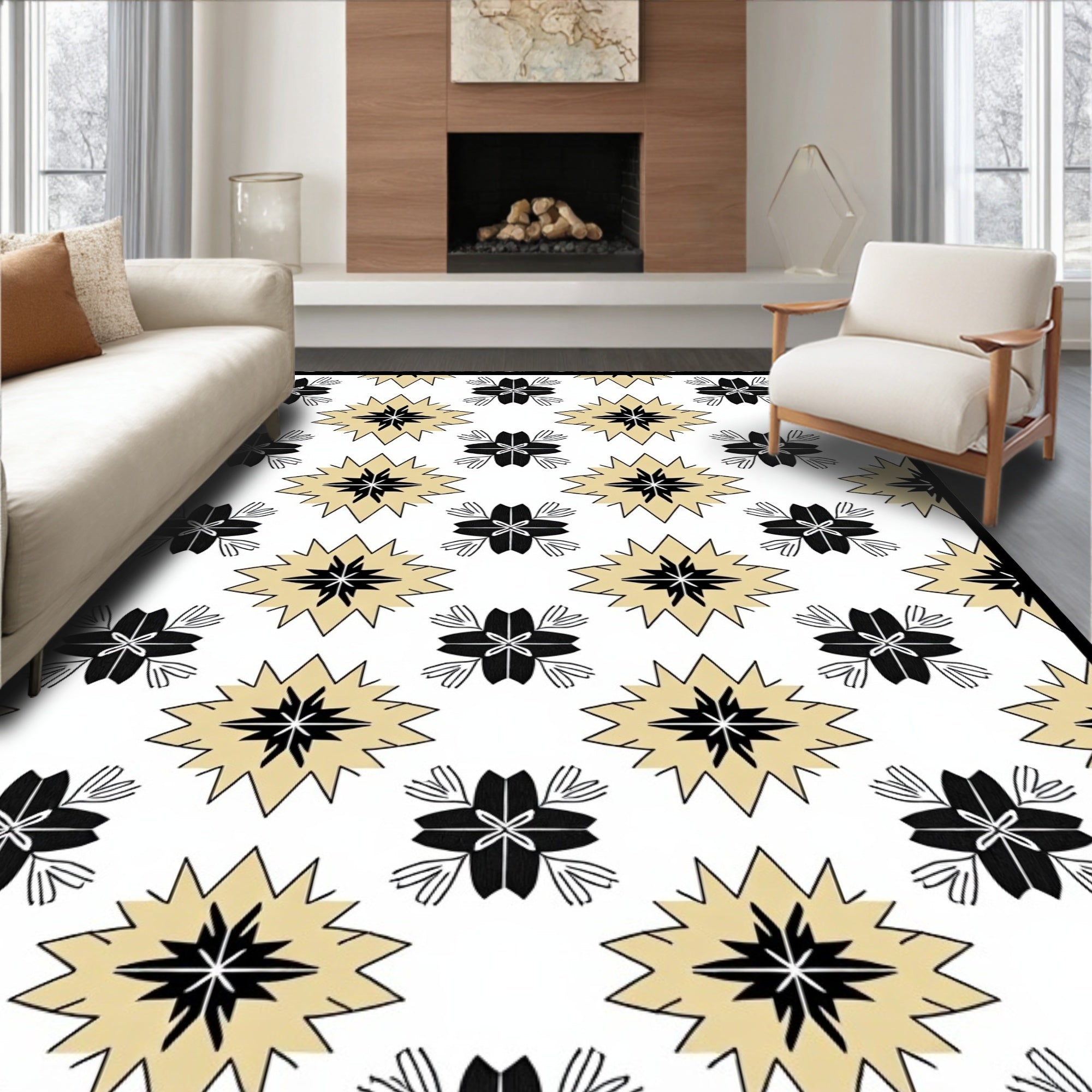 Gold Starburst and Bloom Arrangement Rug