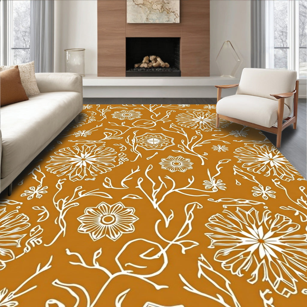 Earthy Ochre White Floral Vine Medallion Rug