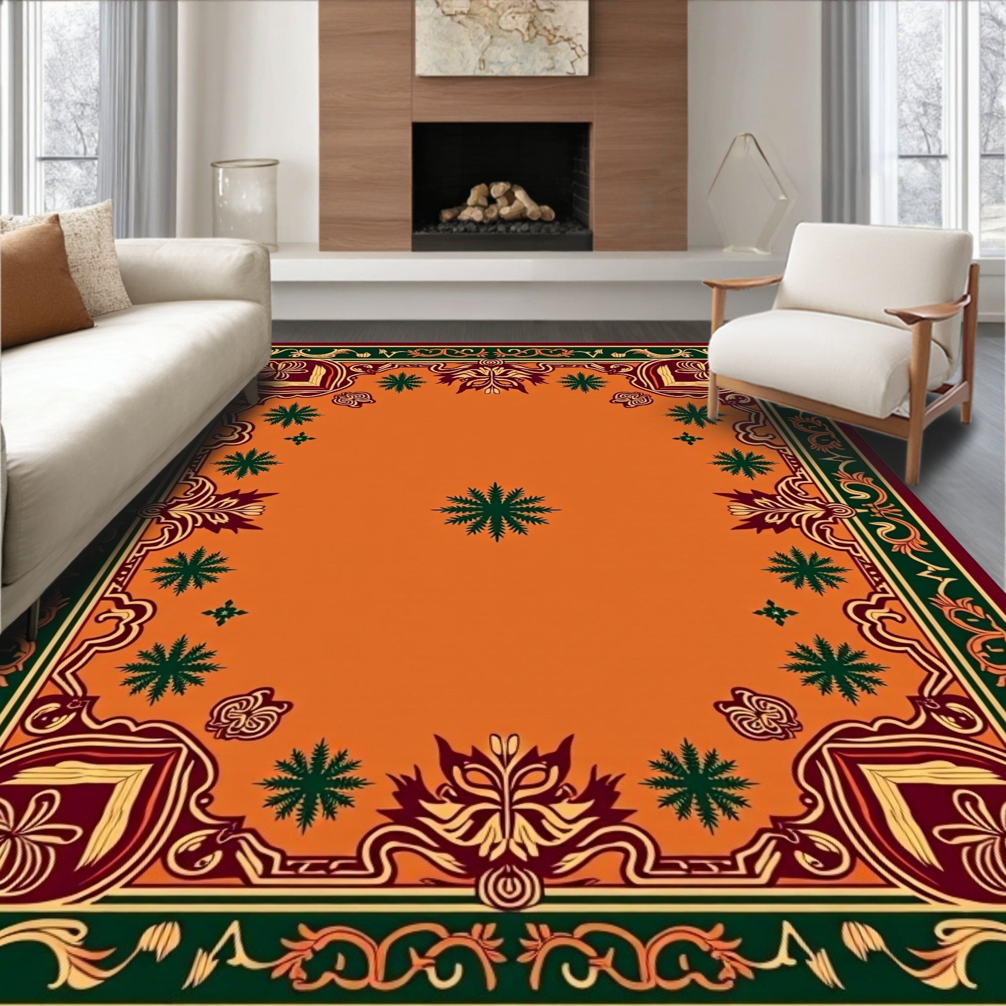 Ornate Burgundy Emerald Floral Frame Rug