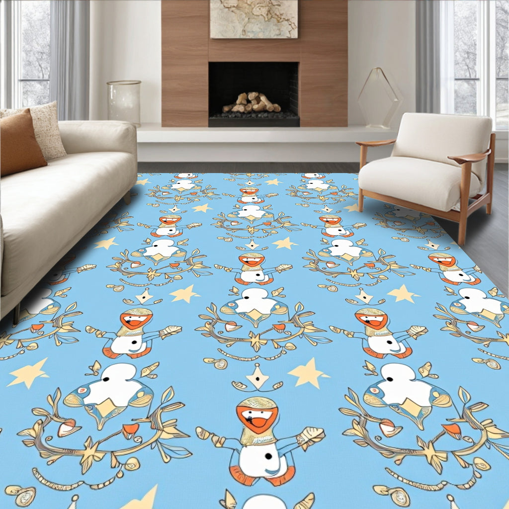 Whimsical Snowman Yellow Stars Blue Rug