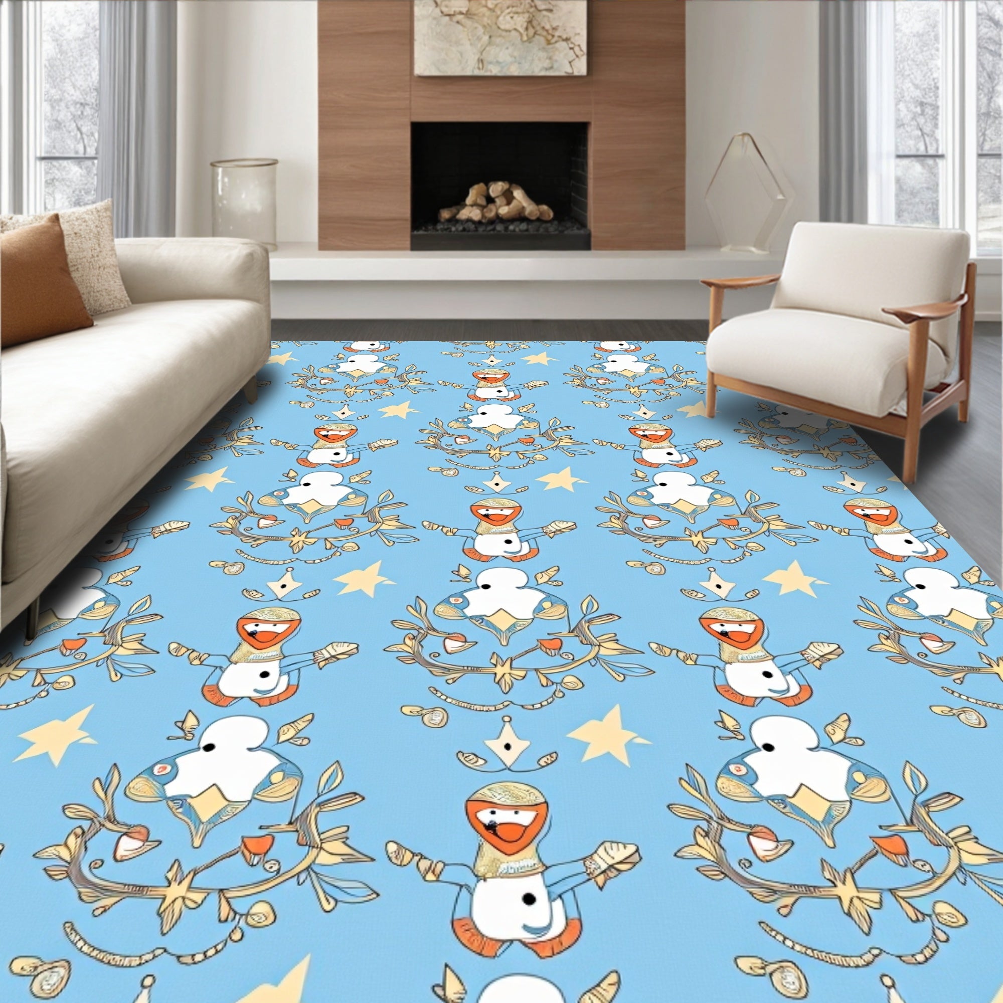 Whimsical Snowman Yellow Stars Blue Rug