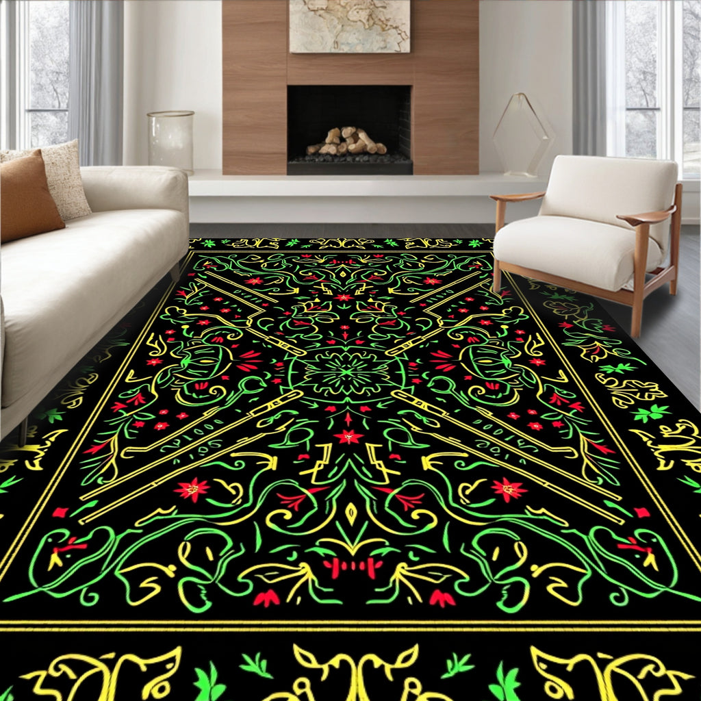 Vivid Red Green Yellow Ornate Scroll Rug