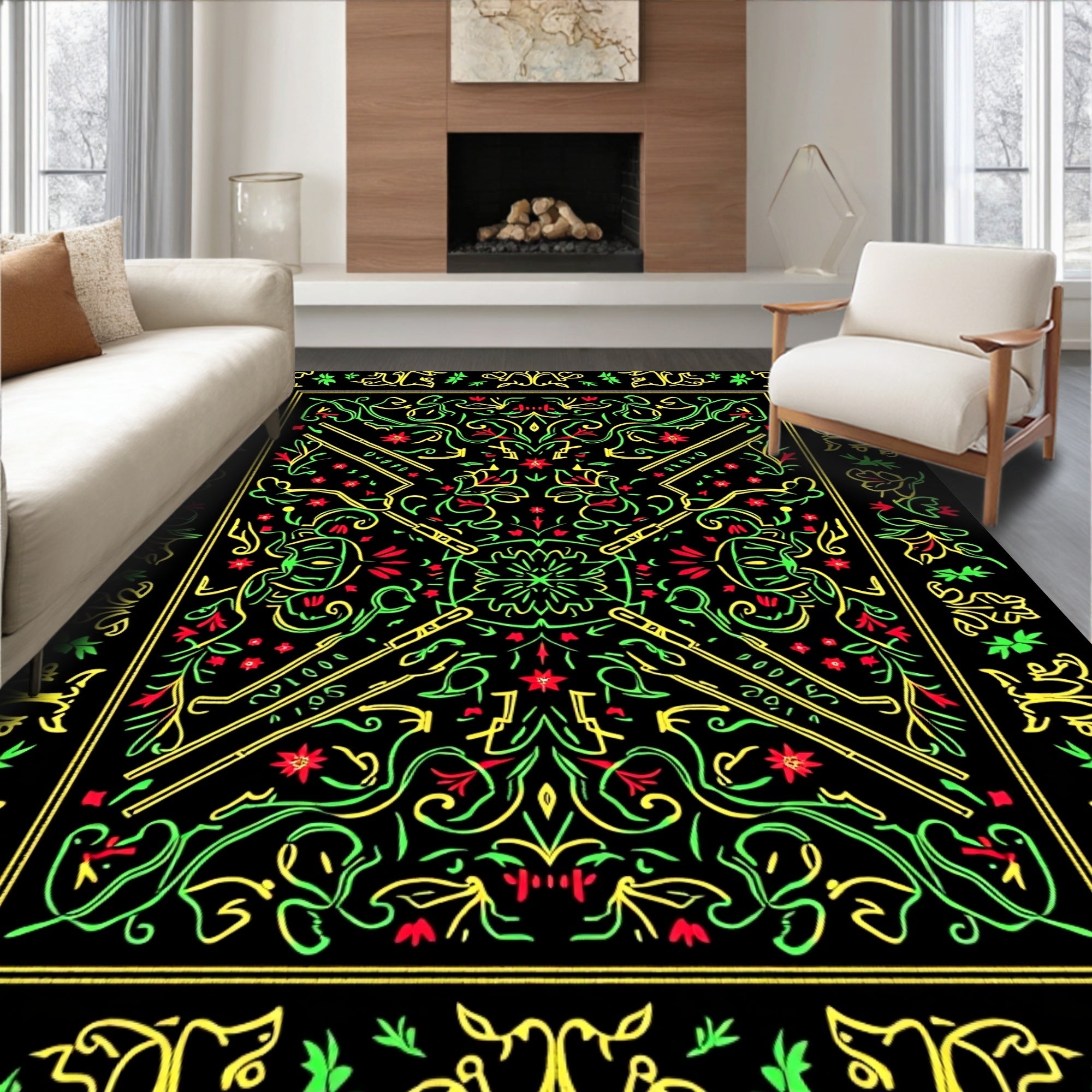 Vivid Red Green Yellow Ornate Scroll Rug