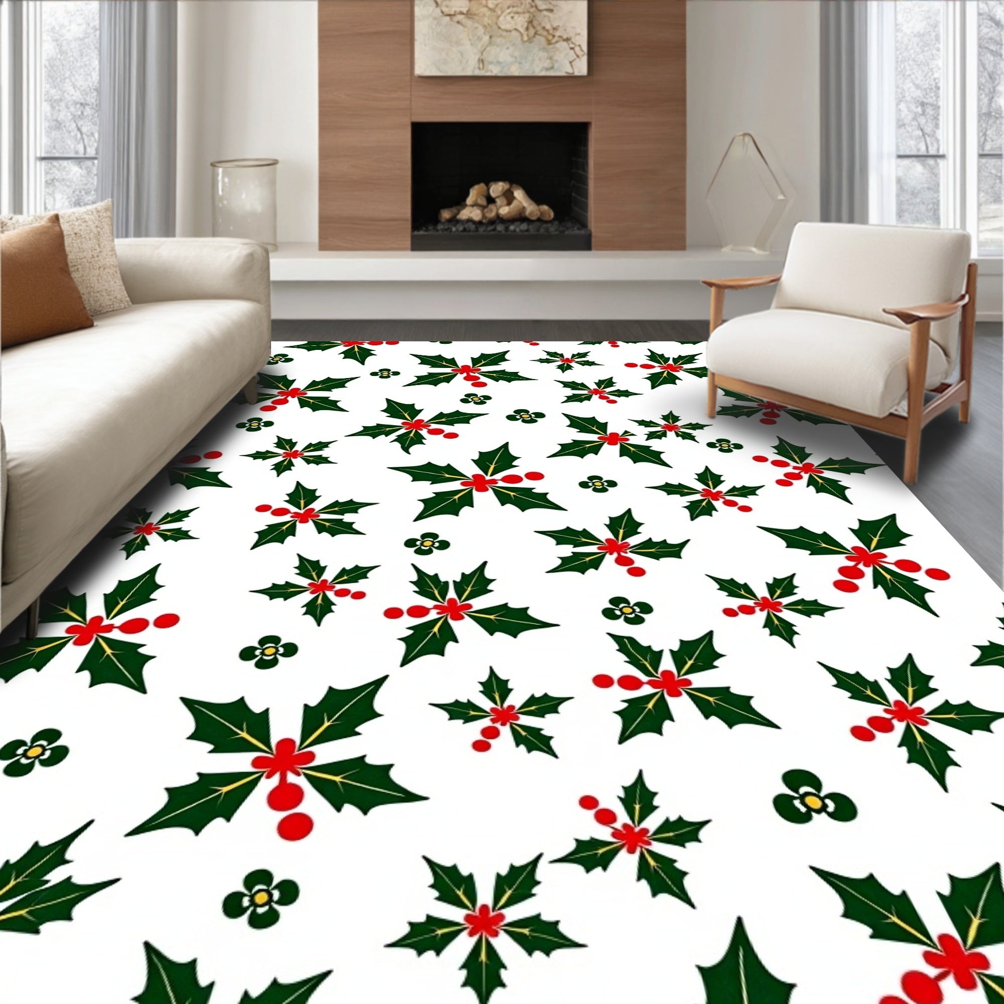 Green Holly Red Berry Christmas Rug