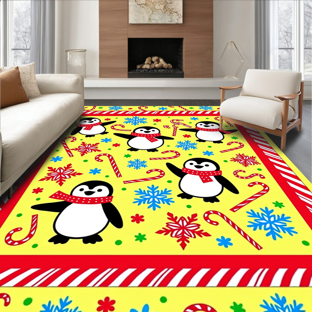 Playful Yellow Penguin Candy Cane Snowflakes Rug