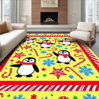 Playful Yellow Penguin Candy Cane Snowflakes Rug