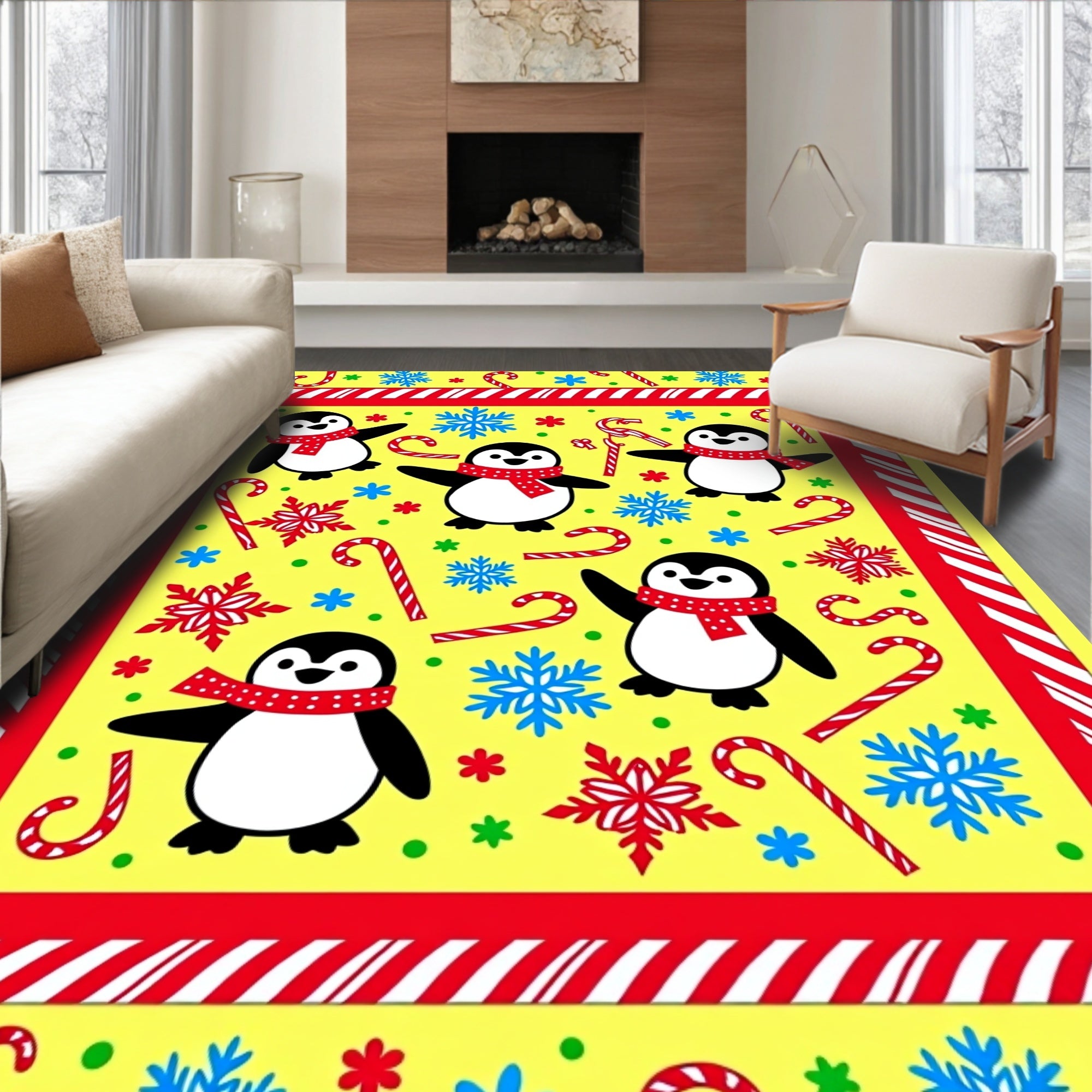 Playful Yellow Penguin Candy Cane Snowflakes Rug