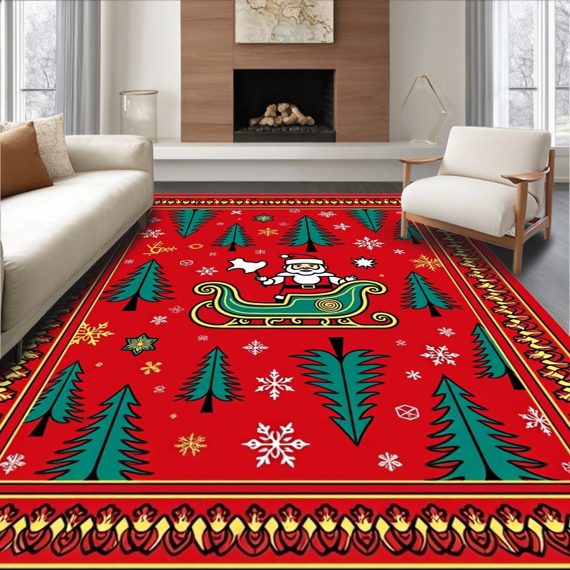Christmas Red Santa Sleigh Trees Rug