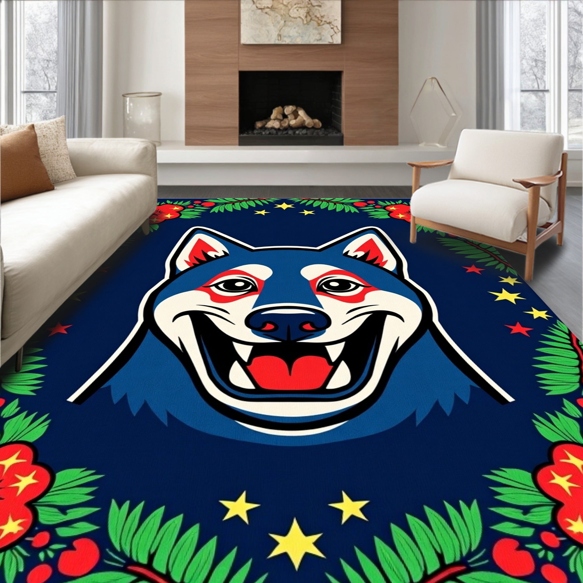 Blue Husky Festive Floral Star Cover Rug