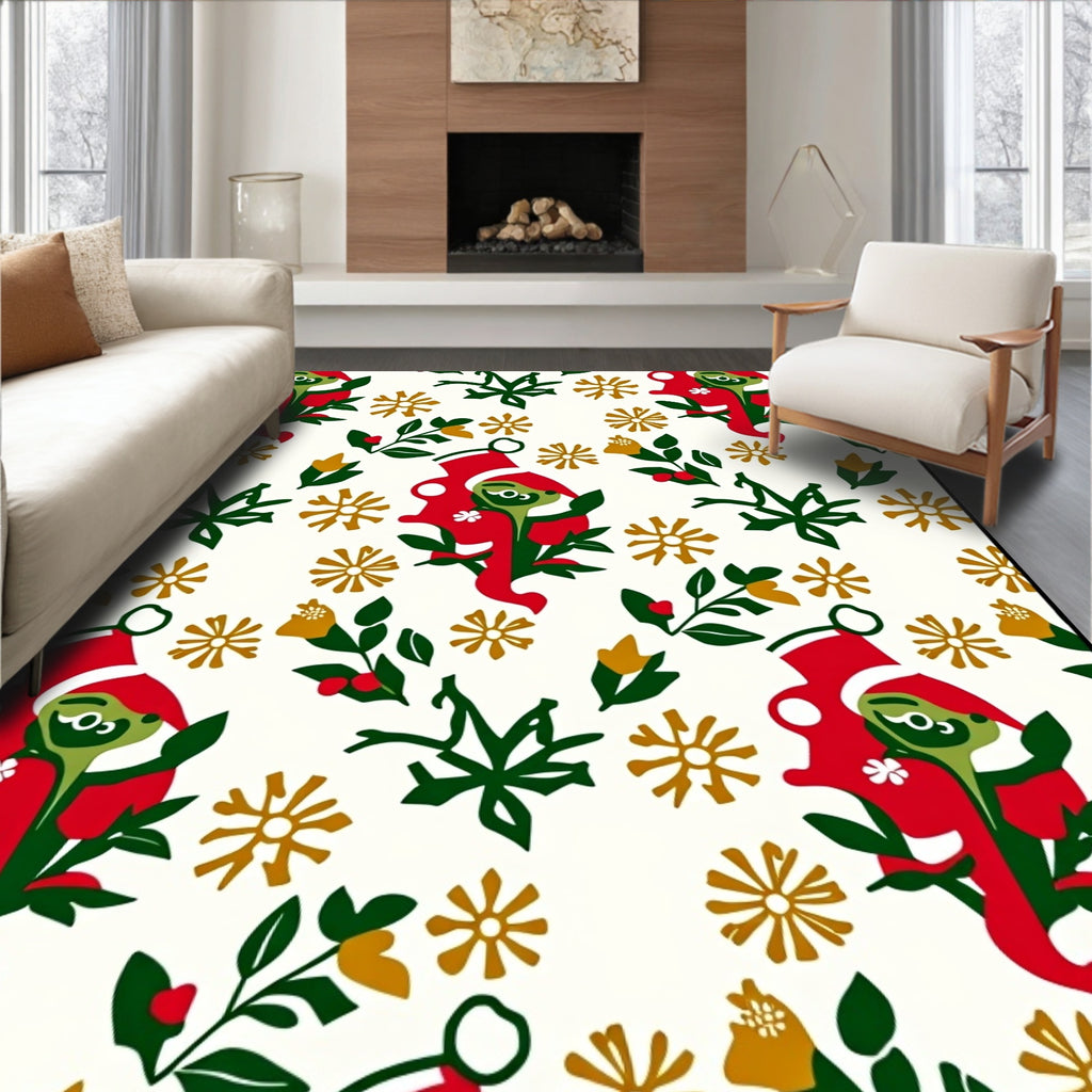 Whimsical Red and Green Character Floral Rug