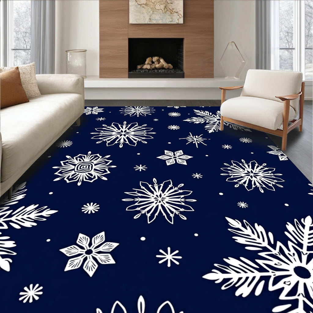 White Snowflake Navy Winter Overlay Rug
