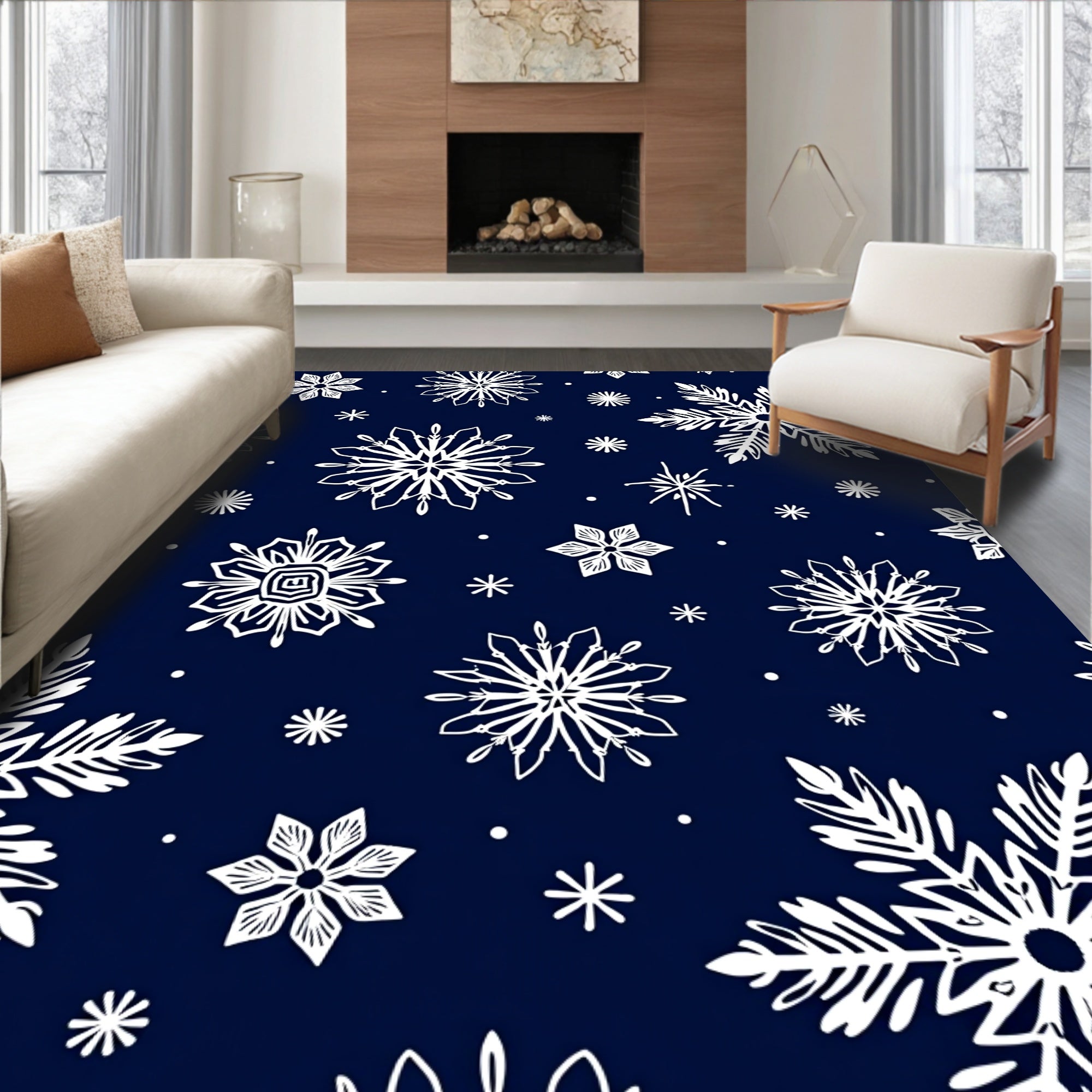 White Snowflake Navy Winter Overlay Rug
