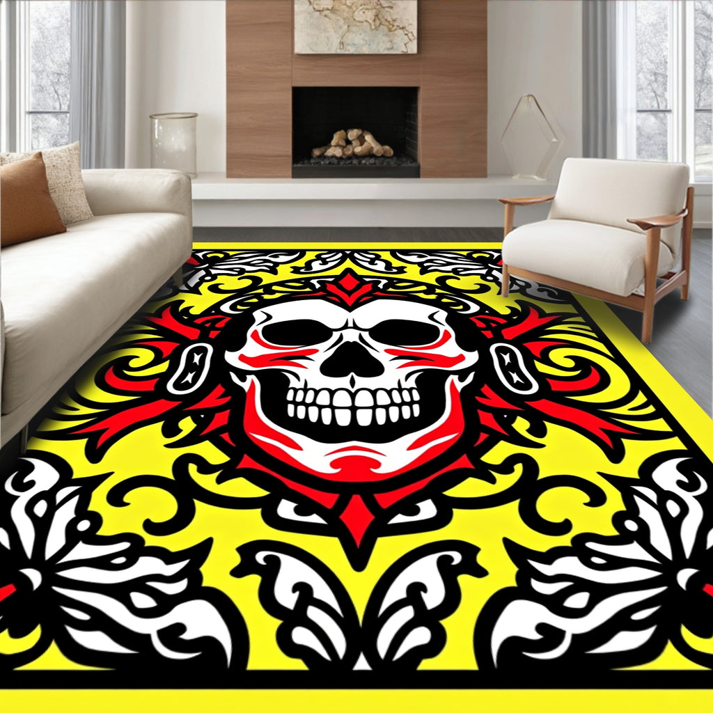 Bold Crimson Skull Floral Frame Rug