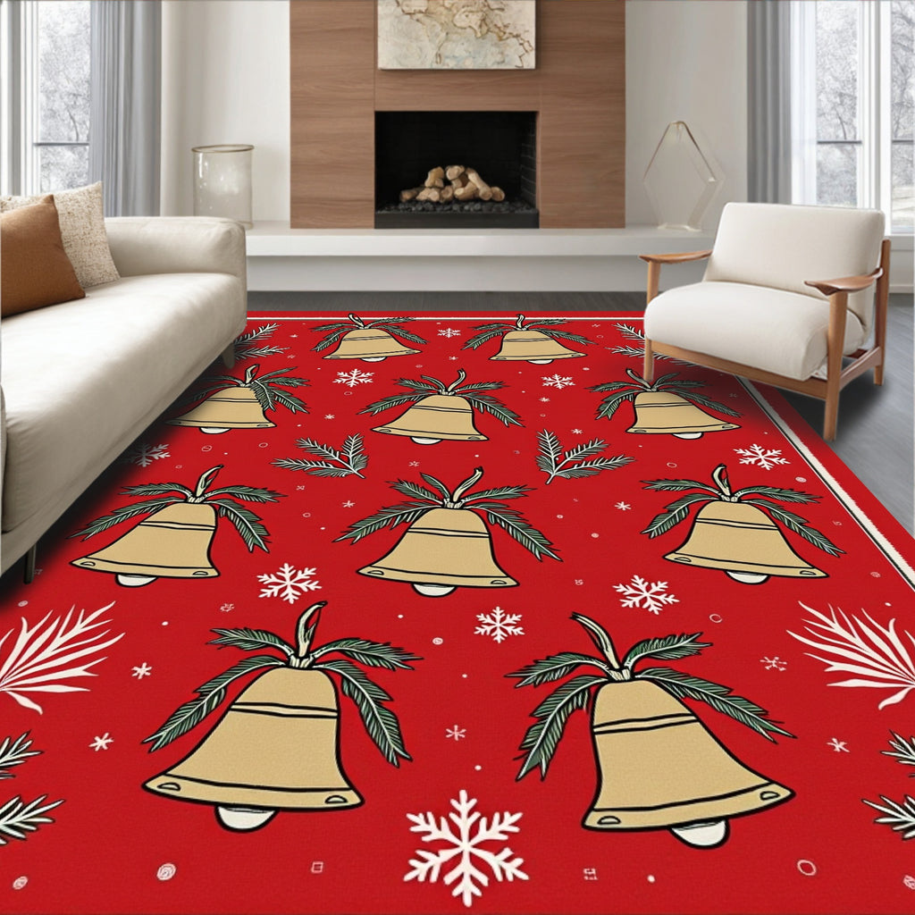 Gold Bell Sprig Snowflake Red Rug