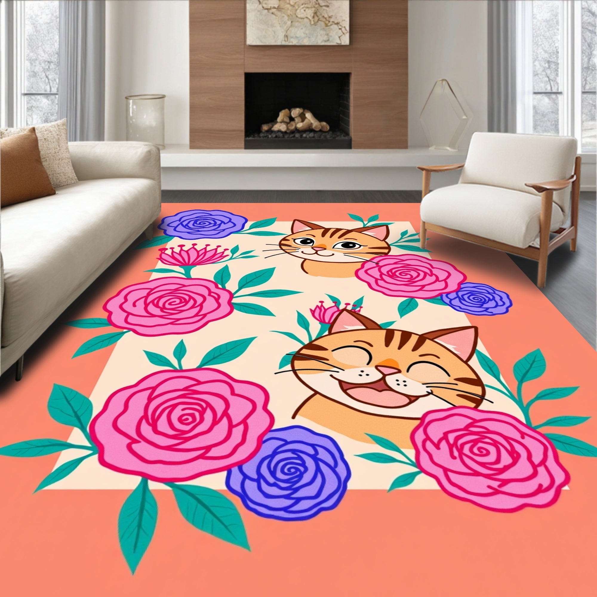 Whimsical Orange Cats Floral Garden Rug