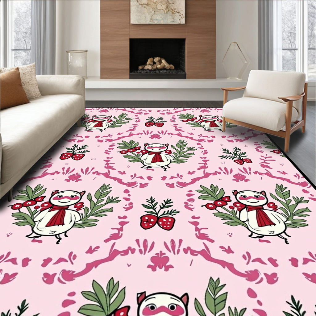 Whimsical Pink Strawberry Cat Medallion Rug