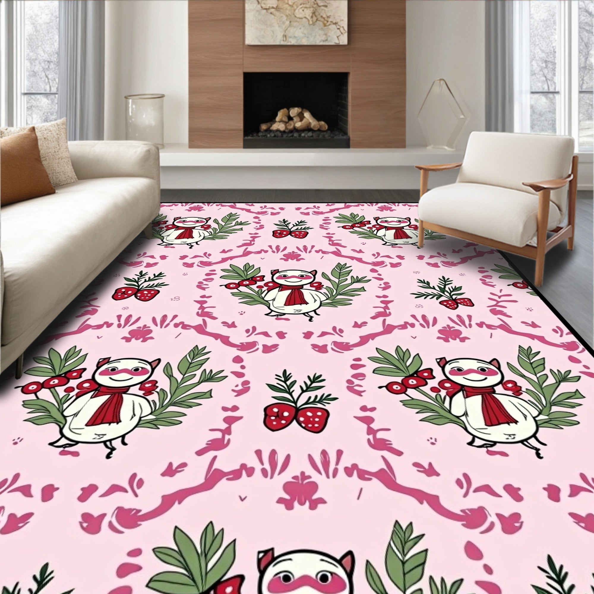 Whimsical Pink Strawberry Cat Medallion Rug