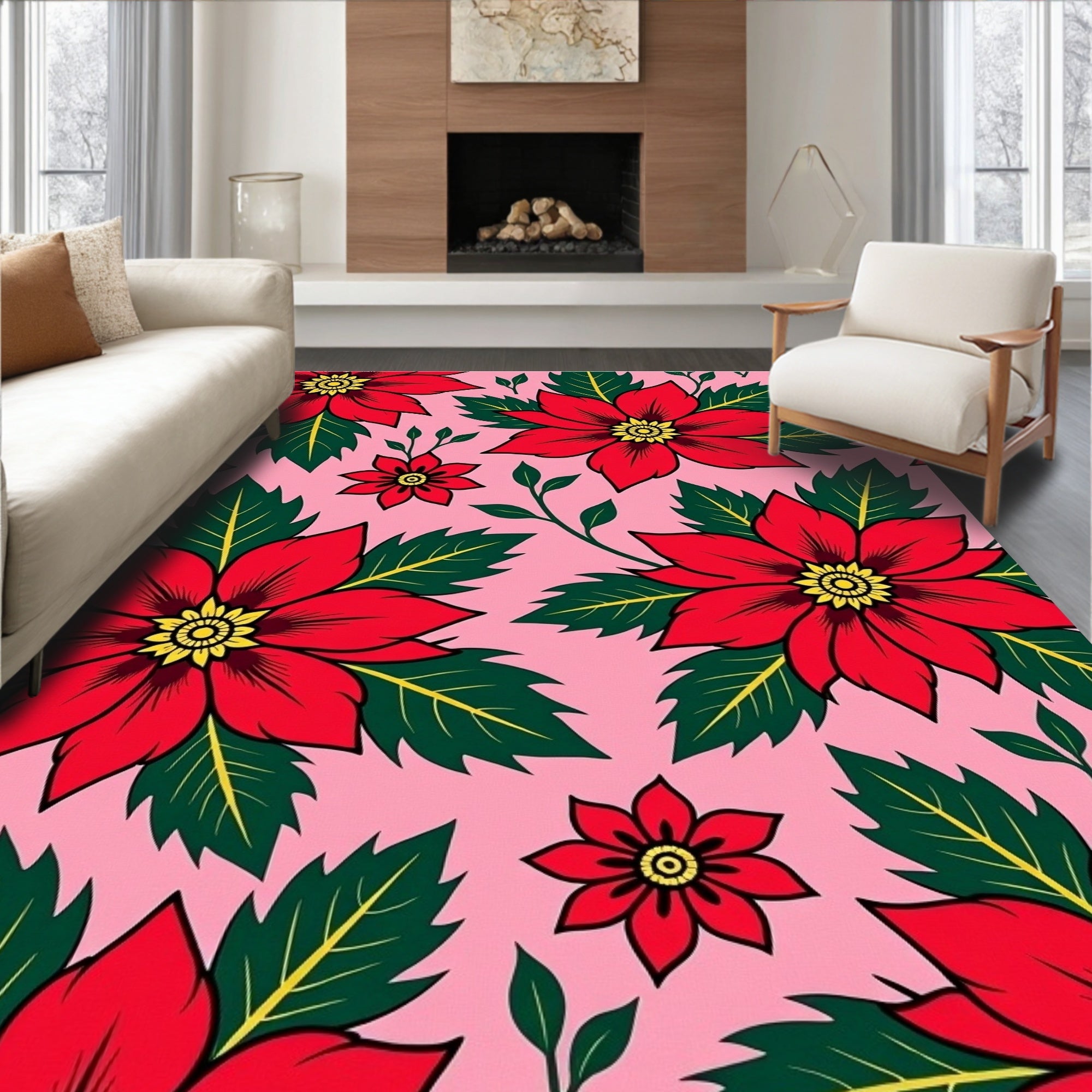 Red Poinsettia Floral Garden Pink Rug