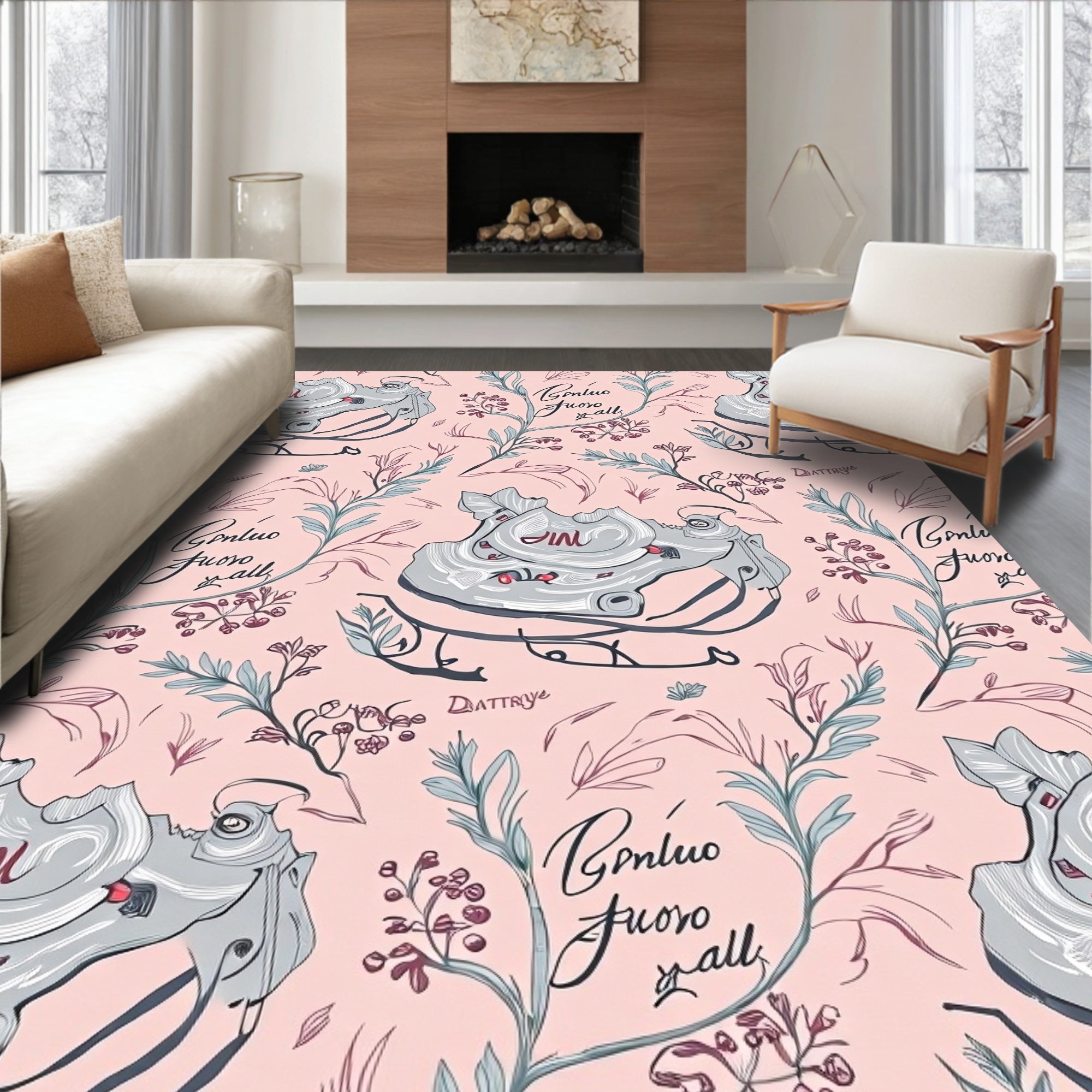 Sketchy Pink Foliage Sneaker Collage Rug