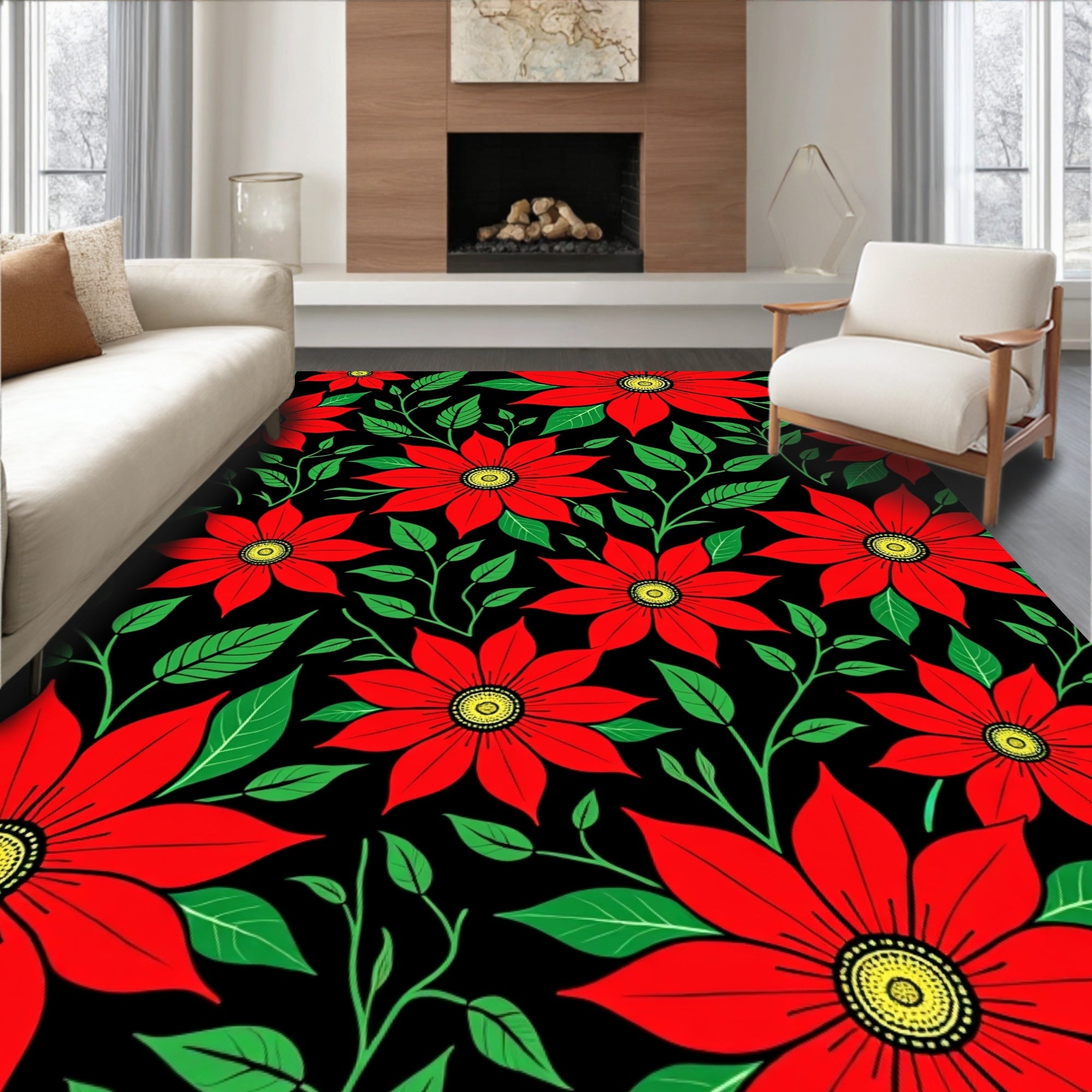 Bold Red Floral Vine Botanical Rug