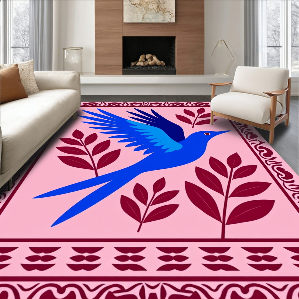 Vibrant Blue Bird Crimson Branches Rug