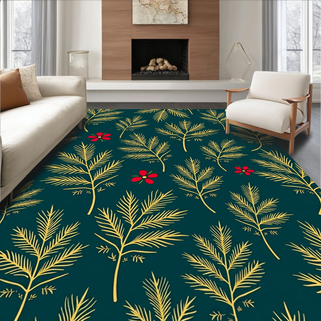 Golden Palm Fronds Red Flowers Rug