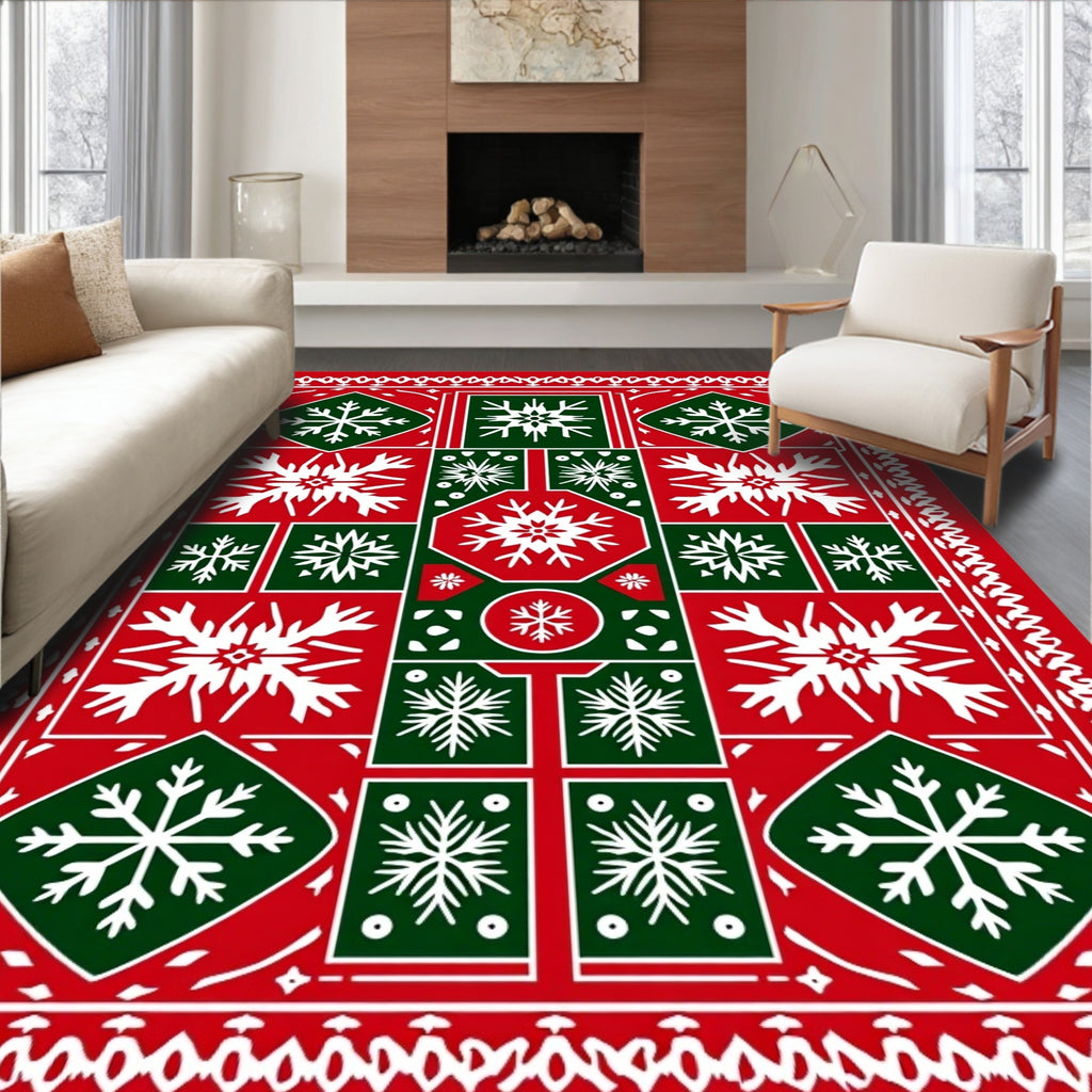 Festive Red Green Snowflake Collage Rug