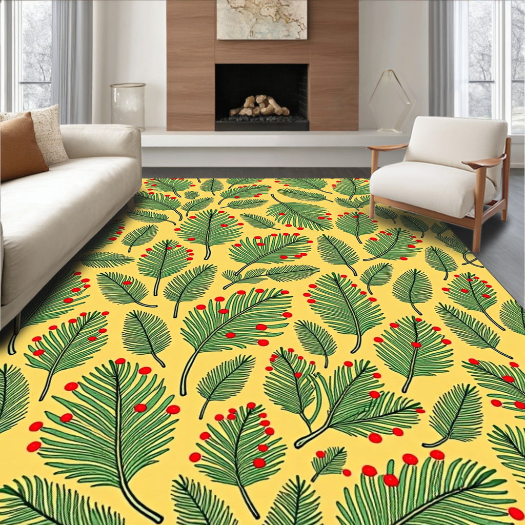 Festive Green Palm Fronds Red Berries Rug