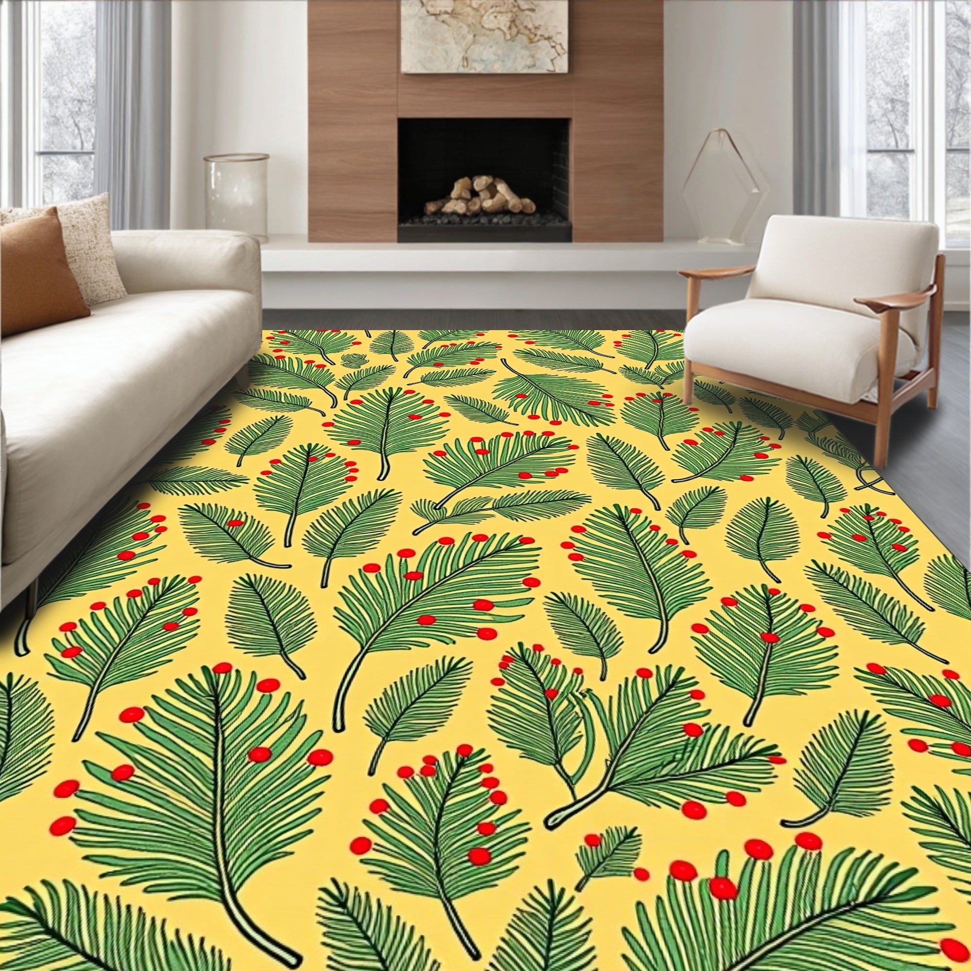 Festive Green Palm Fronds Red Berries Rug