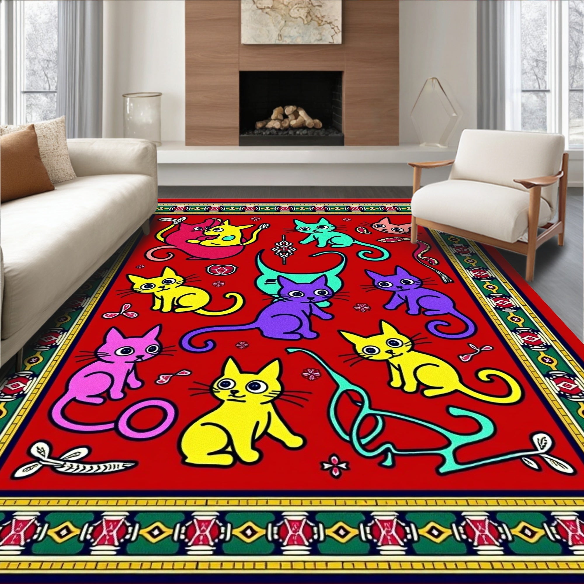 Playful Neon Cats Red Field Rug