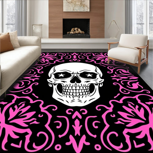 Black White Pink Skull Floral Rug