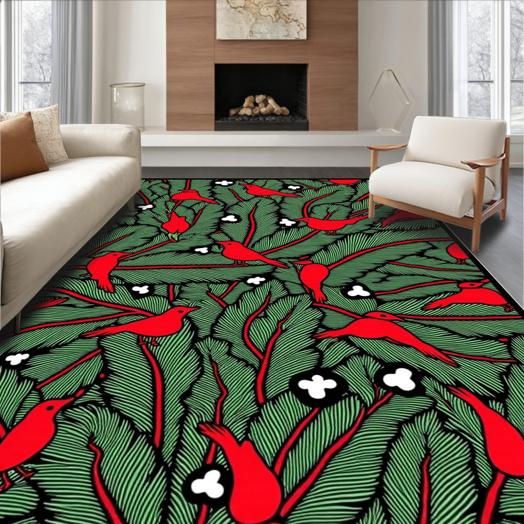 Red Birds Green Foliage Clumps Rug