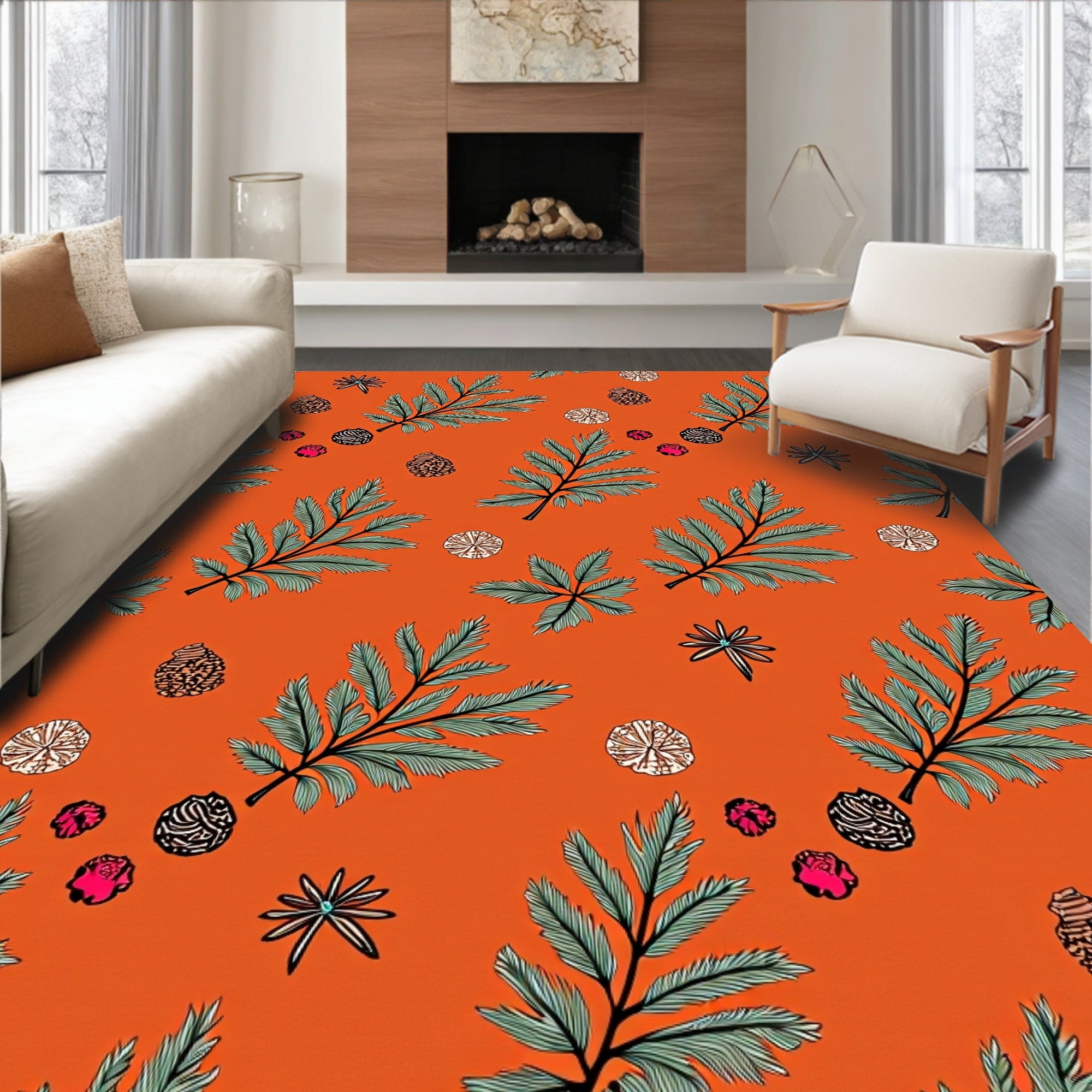 Orange Fern and Cone Botanical Arrangement Rug