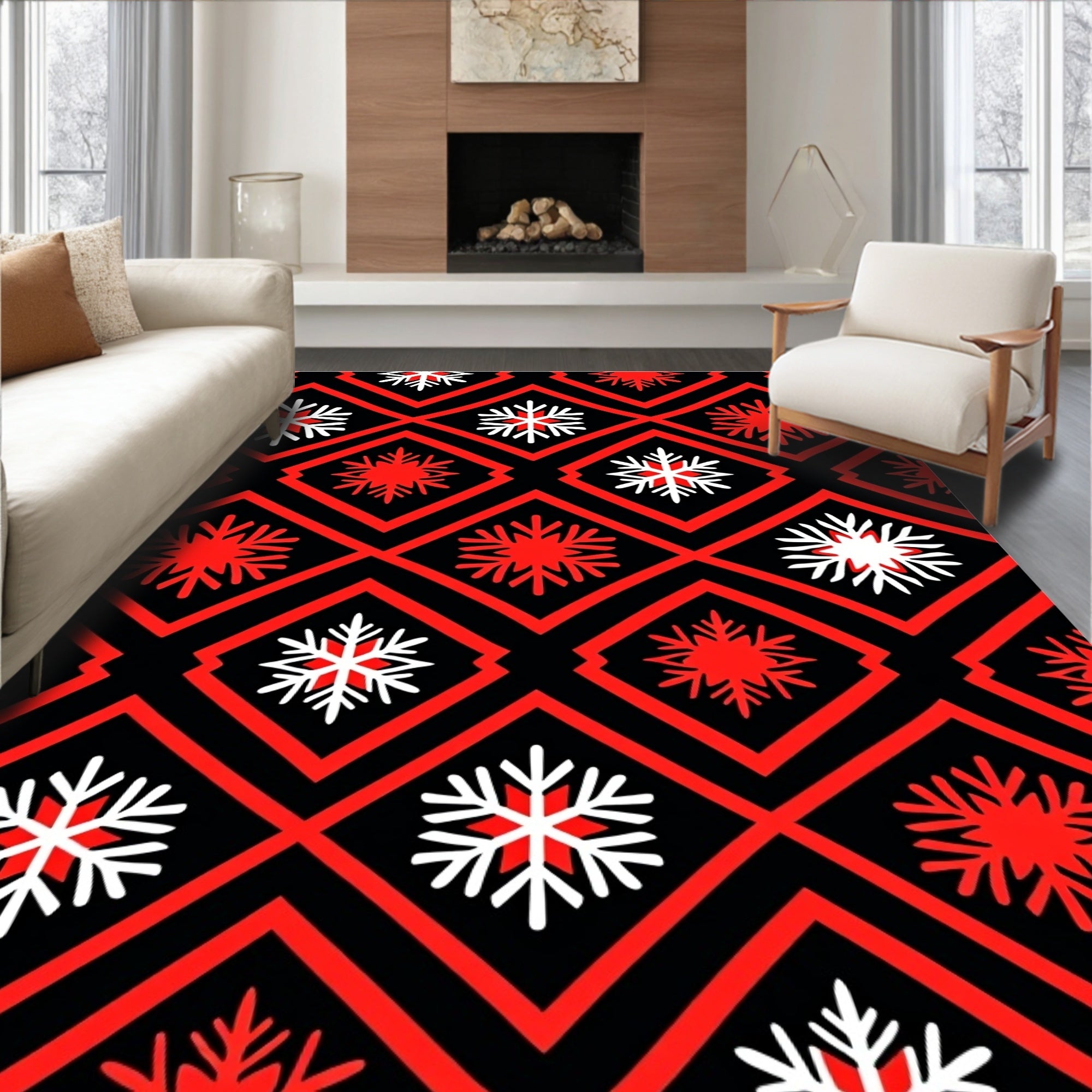 Red Black Snowflake Diamond Array Rug