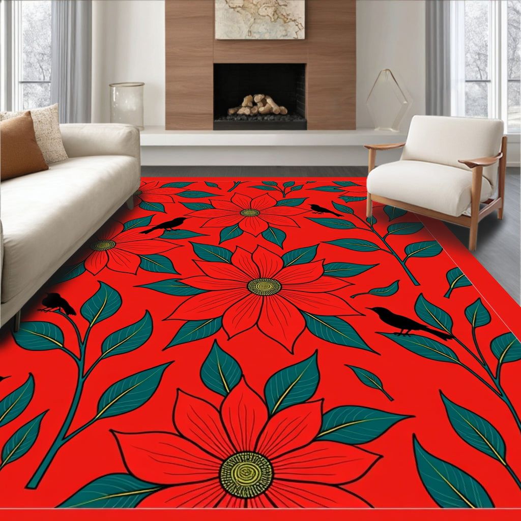 Crimson Red Floral Bird Branches Rug