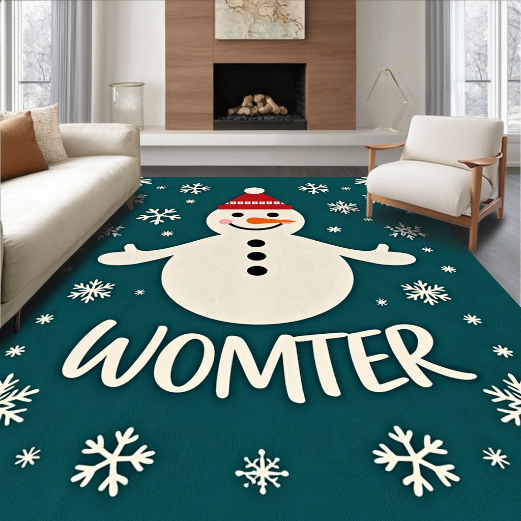 Whimsical Snowman Christmas Teal Snowflake Rug