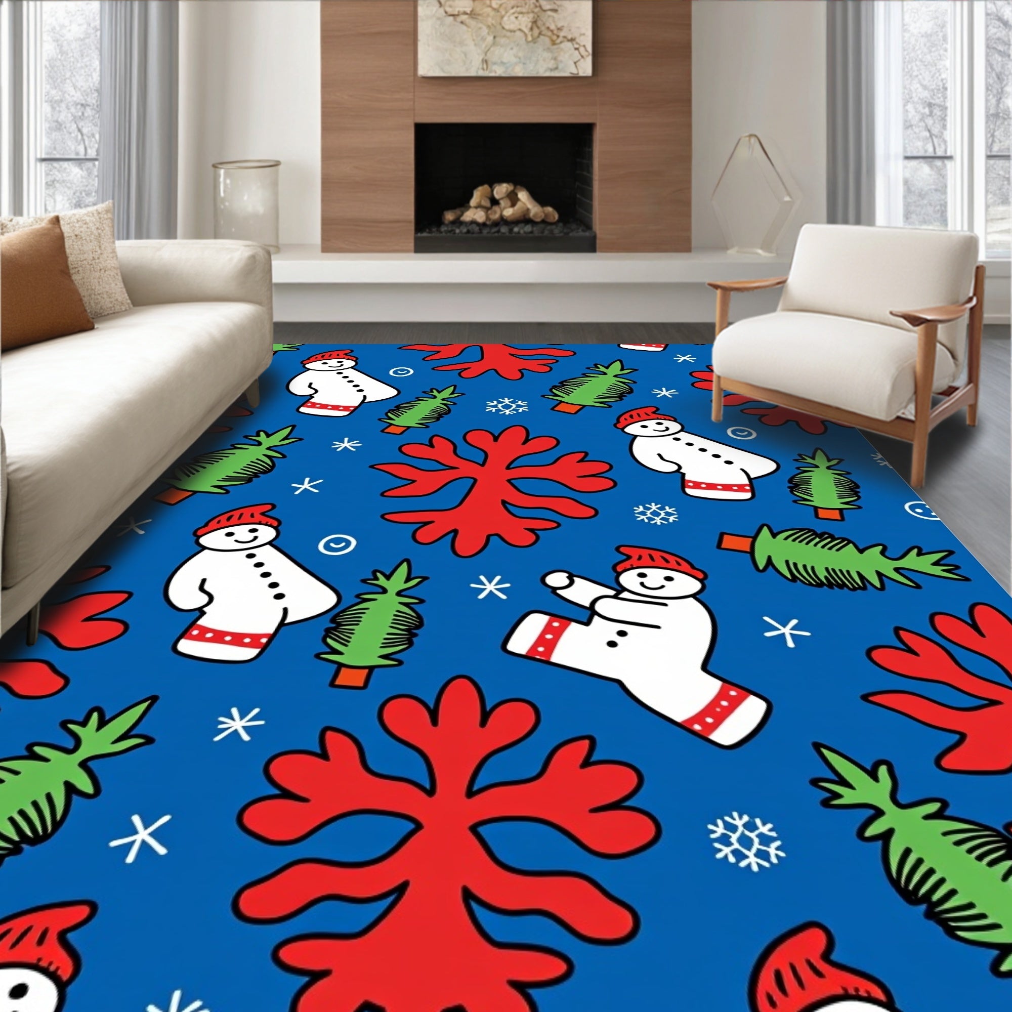 Red White Snowman Christmas Tree Snowflakes Rug