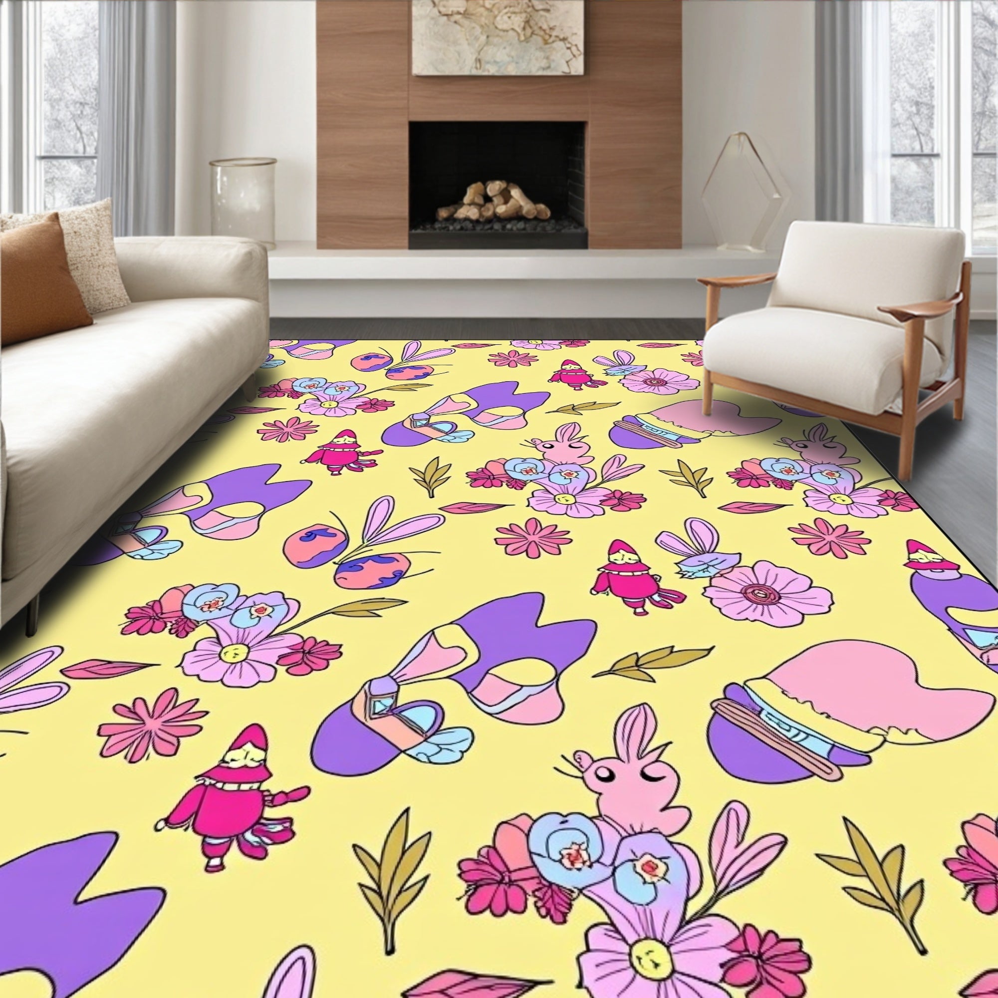 Whimsical Pink Purple Floral Gnomes Rug